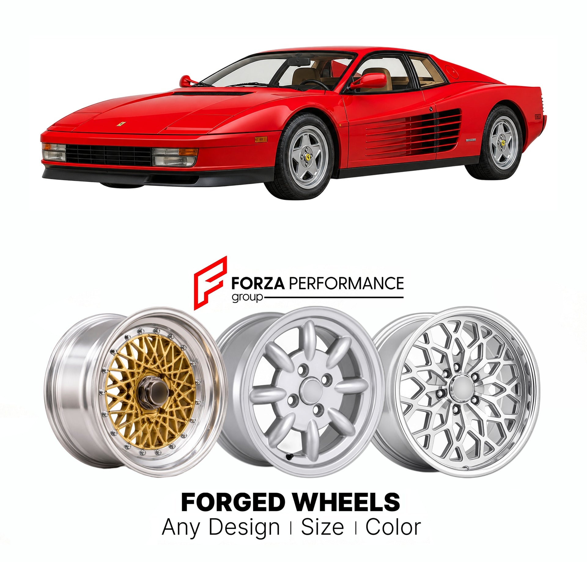 CUSTOM CLASSIC VINTAGE RESTOMOD RETRO OLD SCHOOL FORGED WHEELS RIMS for FERRARI TESTAROSSA 1984 - 1991

Custom forged wheels for Ferrari Testarossa 1984 - 1991. Classic, vintage, restomod wheel designs made to order in custom sizes, offsets, colors and finishes.

We manufacture premium quality forged wheels rims for Ferrari Testarossa 1984 - 1991 in any design, size, color.

THIS WHEEL DESIGN CAN BE CUSTOM-MADE FOR YOUR CAR IN ANY SIZE AND COLOR OPTIONS
Available in monoblock, 2-piece, 3-piece, duoblock, be