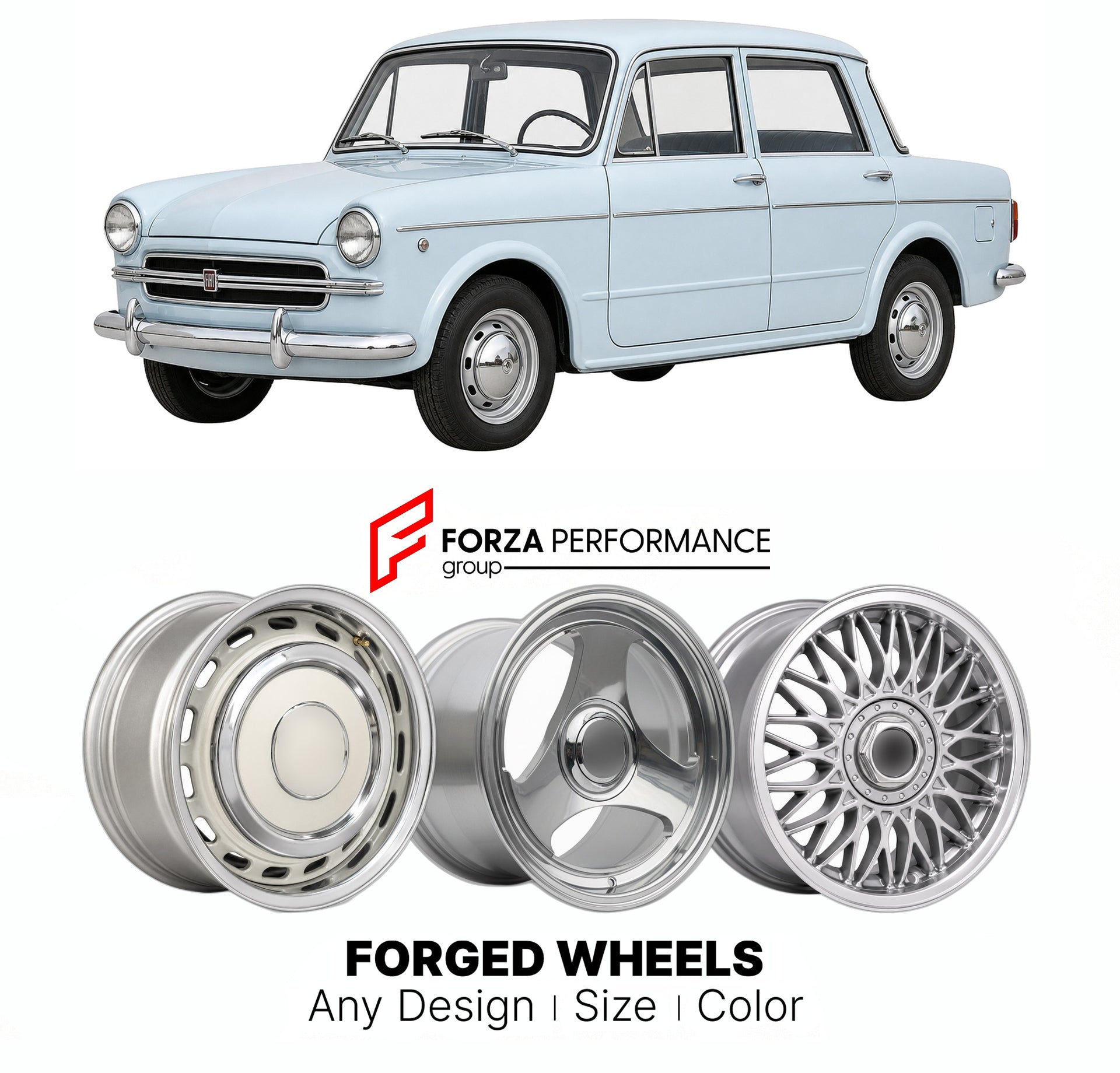 CUSTOM CLASSIC VINTAGE RESTOMOD RETRO OLD SCHOOL FORGED WHEELS RIMS for FIAT 1100 D 1962 - 1966

Custom forged wheels for Fiat 1100 D 1962 - 1966. Classic, vintage, restomod wheel designs made to order in custom sizes, offsets, colors and finishes.

We manufacture premium quality forged wheels rims for Fiat 1100 D 1962 - 1966 in any design, size, color.

THIS WHEEL DESIGN CAN BE CUSTOM-MADE FOR YOUR CAR IN ANY SIZE AND COLOR OPTIONS
Available in monoblock, 2-piece, 3-piece, duoblock, beadlock
3D wheel rende