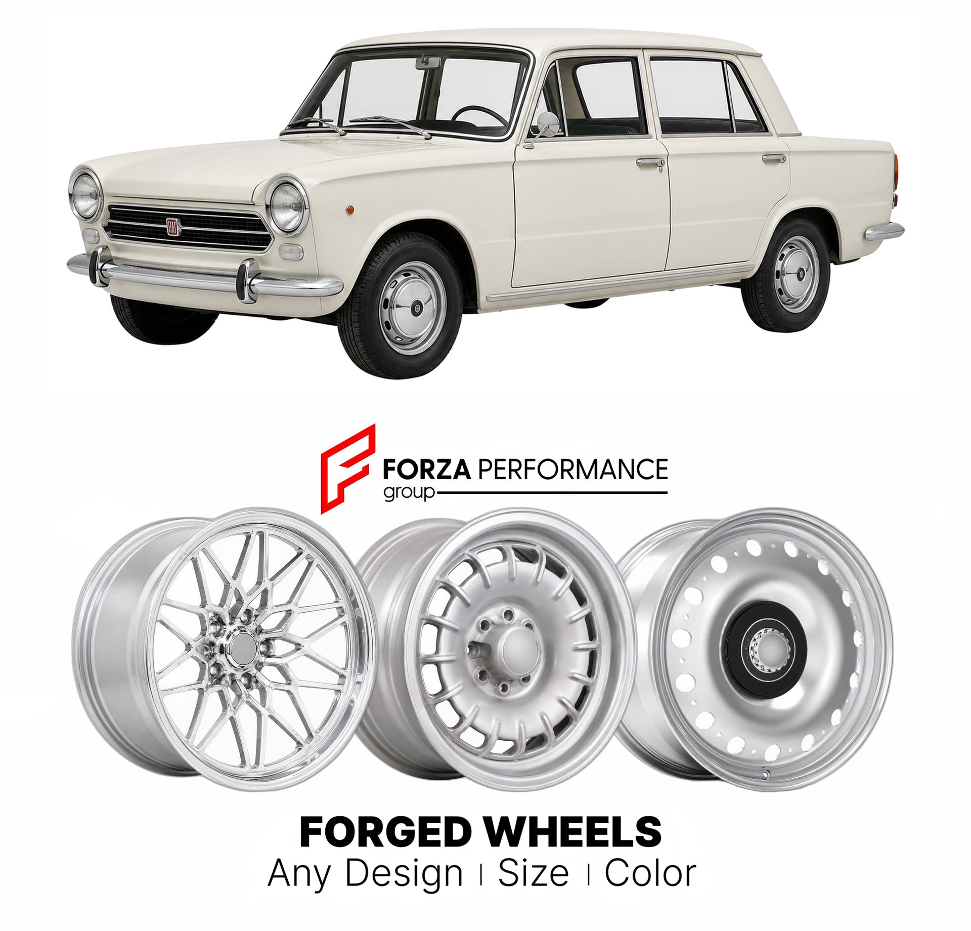 CUSTOM CLASSIC VINTAGE RESTOMOD RETRO OLD SCHOOL FORGED WHEELS RIMS for FIAT 1100 R 1966 - 1969

Custom forged wheels for Fiat 1100 R 1966 - 1969. Classic, vintage, restomod wheel designs made to order in custom sizes, offsets, colors and finishes.

We manufacture premium quality forged wheels rims for Fiat 1100 R 1966 - 1969 in any design, size, color.

THIS WHEEL DESIGN CAN BE CUSTOM-MADE FOR YOUR CAR IN ANY SIZE AND COLOR OPTIONS
Available in monoblock, 2-piece, 3-piece, duoblock, beadlock
3D wheel rende