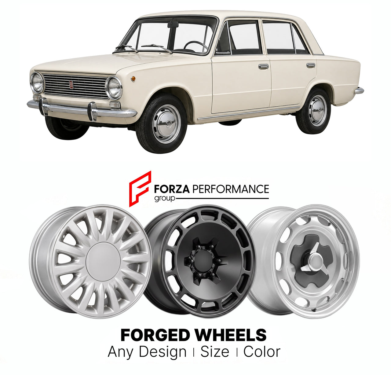 CUSTOM CLASSIC VINTAGE RESTOMOD RETRO OLD SCHOOL FORGED WHEELS RIMS for FIAT 124 1966 - 1974

Custom forged wheels for Fiat 124 1966 - 1974. Classic, vintage, restomod wheel designs made to order in custom sizes, offsets, colors and finishes.

We manufacture premium quality forged wheels rims for Fiat 124 1966 - 1974 in any design, size, color.

THIS WHEEL DESIGN CAN BE CUSTOM-MADE FOR YOUR CAR IN ANY SIZE AND COLOR OPTIONS
Available in monoblock, 2-piece, 3-piece, duoblock, beadlock
3D wheel renderings are