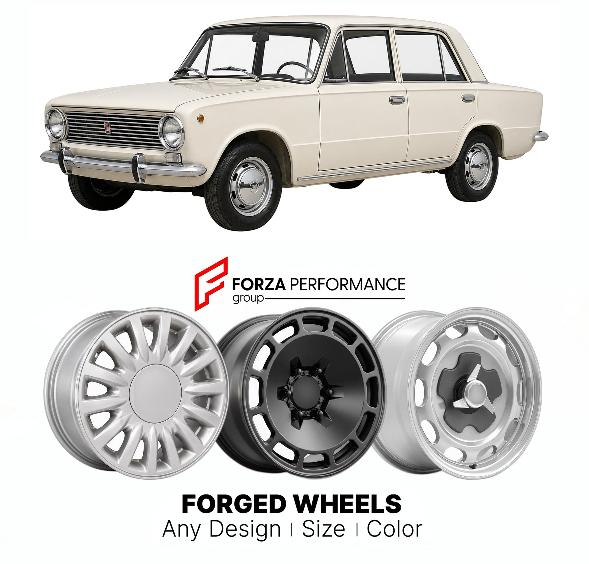 CUSTOM CLASSIC VINTAGE RESTOMOD RETRO OLD SCHOOL FORGED WHEELS RIMS for FIAT 124 1966 - 1974

Custom forged wheels for Fiat 124 1966 - 1974. Classic, vintage, restomod wheel designs made to order in custom sizes, offsets, colors and finishes.

We manufacture premium quality forged wheels rims for Fiat 124 1966 - 1974 in any design, size, color.

THIS WHEEL DESIGN CAN BE CUSTOM-MADE FOR YOUR CAR IN ANY SIZE AND COLOR OPTIONS
Available in monoblock, 2-piece, 3-piece, duoblock, beadlock
3D wheel renderings are