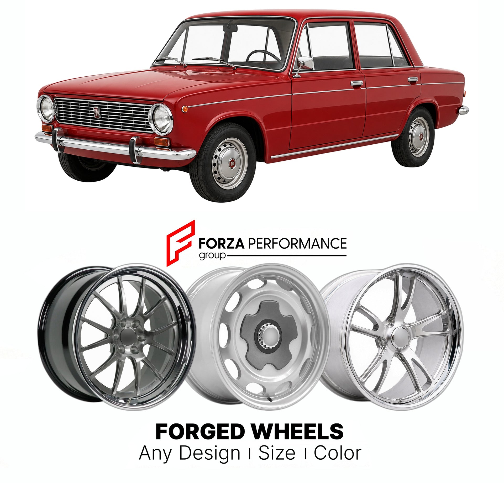 CUSTOM CLASSIC VINTAGE RESTOMOD RETRO OLD SCHOOL FORGED WHEELS RIMS for FIAT 124 BERLINA 1966 - 1974

Custom forged wheels for Fiat 124 Berlina 1966 - 1974. Classic, vintage, restomod wheel designs made to order in custom sizes, offsets, colors and finishes.

We manufacture premium quality forged wheels rims for Fiat 124 Berlina 1966 - 1974 in any design, size, color.

THIS WHEEL DESIGN CAN BE CUSTOM-MADE FOR YOUR CAR IN ANY SIZE AND COLOR OPTIONS
Available in monoblock, 2-piece, 3-piece, duoblock, beadlock