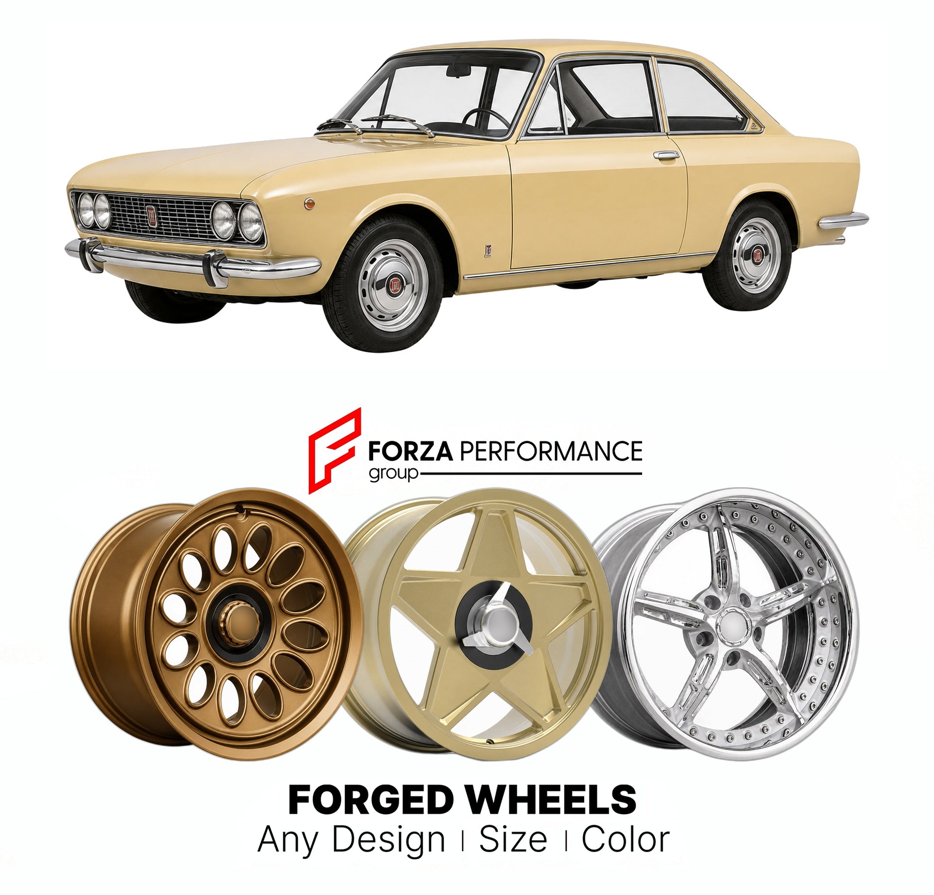 CUSTOM CLASSIC VINTAGE RESTOMOD RETRO OLD SCHOOL FORGED WHEELS RIMS for FIAT 124 COUPE 1967 - 1975

Custom forged wheels for Fiat 124 Coupe 1967 - 1975. Classic, vintage, restomod wheel designs made to order in custom sizes, offsets, colors and finishes.

We manufacture premium quality forged wheels rims for Fiat 124 Coupe 1967 - 1975 in any design, size, color.

THIS WHEEL DESIGN CAN BE CUSTOM-MADE FOR YOUR CAR IN ANY SIZE AND COLOR OPTIONS
Available in monoblock, 2-piece, 3-piece, duoblock, beadlock
3D wh