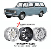CUSTOM CLASSIC VINTAGE RESTOMOD RETRO OLD SCHOOL FORGED WHEELS RIMS for FIAT 124 FAMILIARE 1966 - 1974

Custom forged wheels for Fiat 124 Familiare 1966 - 1974. Classic, vintage, restomod wheel designs made to order in custom sizes, offsets, colors and finishes.

We manufacture premium quality forged wheels rims for Fiat 124 Familiare 1966 - 1974 in any design, size, color.

THIS WHEEL DESIGN CAN BE CUSTOM-MADE FOR YOUR CAR IN ANY SIZE AND COLOR OPTIONS
Available in monoblock, 2-piece, 3-piece, duoblock, be