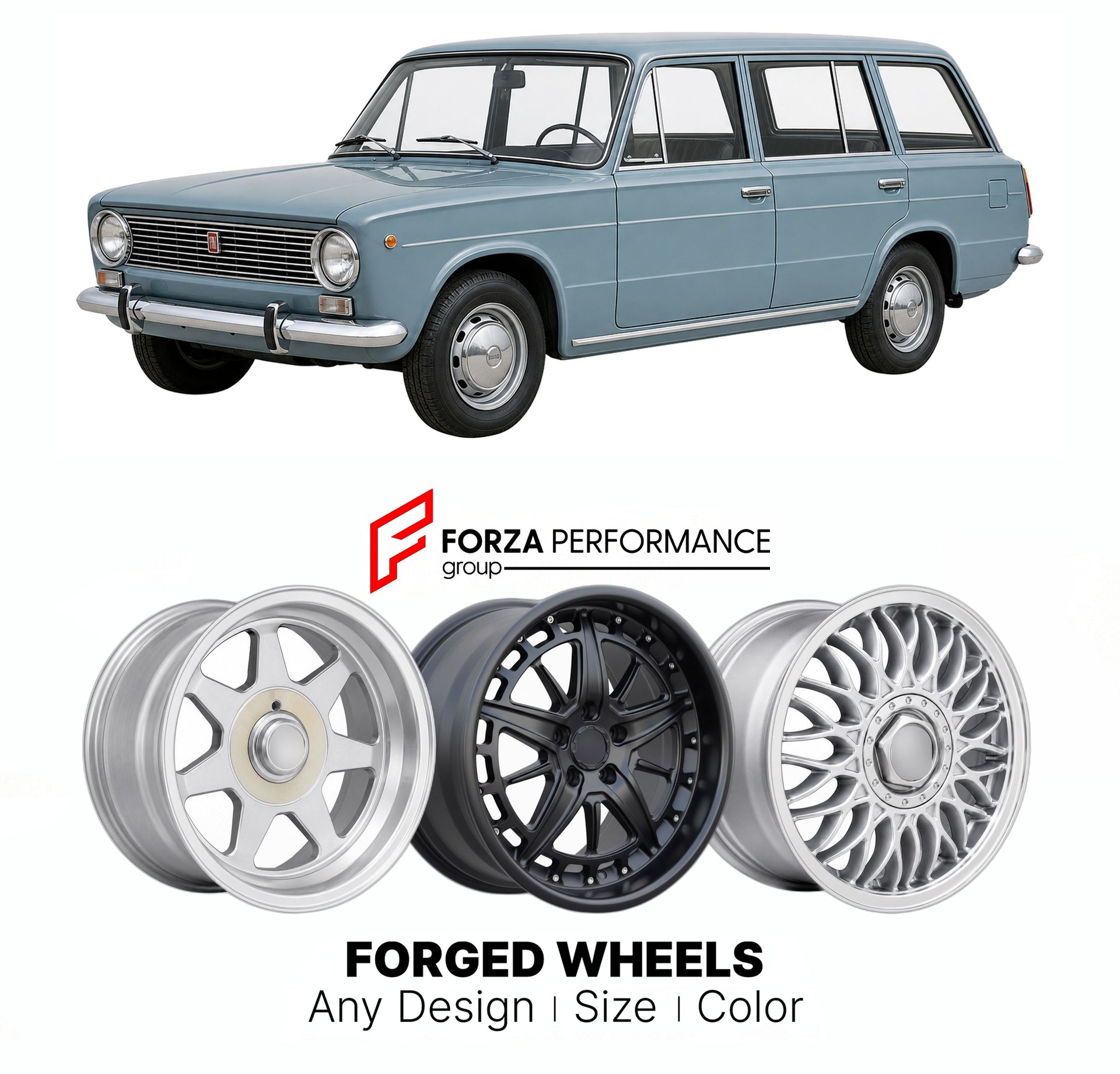 CUSTOM CLASSIC VINTAGE RESTOMOD RETRO OLD SCHOOL FORGED WHEELS RIMS for FIAT 124 FAMILIARE 1966 - 1974

Custom forged wheels for Fiat 124 Familiare 1966 - 1974. Classic, vintage, restomod wheel designs made to order in custom sizes, offsets, colors and finishes.

We manufacture premium quality forged wheels rims for Fiat 124 Familiare 1966 - 1974 in any design, size, color.

THIS WHEEL DESIGN CAN BE CUSTOM-MADE FOR YOUR CAR IN ANY SIZE AND COLOR OPTIONS
Available in monoblock, 2-piece, 3-piece, duoblock, be