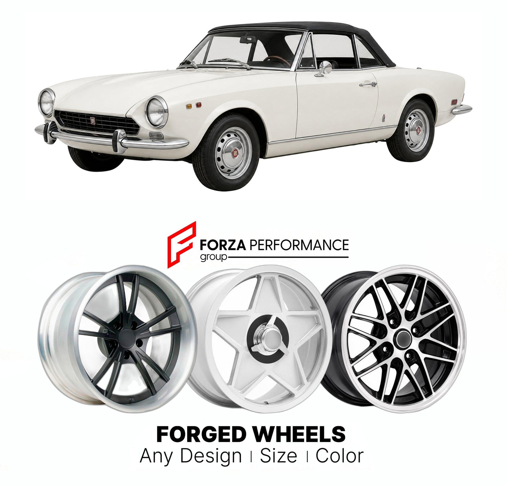 CUSTOM CLASSIC VINTAGE RESTOMOD RETRO OLD SCHOOL FORGED WHEELS RIMS for FIAT 124 SPIDER 1966 - 1985

Custom forged wheels for Fiat 124 Spider 1966 - 1985. Classic, vintage, restomod wheel designs made to order in custom sizes, offsets, colors and finishes.

We manufacture premium quality forged wheels rims for Fiat 124 Spider 1966 - 1985 in any design, size, color.

THIS WHEEL DESIGN CAN BE CUSTOM-MADE FOR YOUR CAR IN ANY SIZE AND COLOR OPTIONS
Available in monoblock, 2-piece, 3-piece, duoblock, beadlock
3D