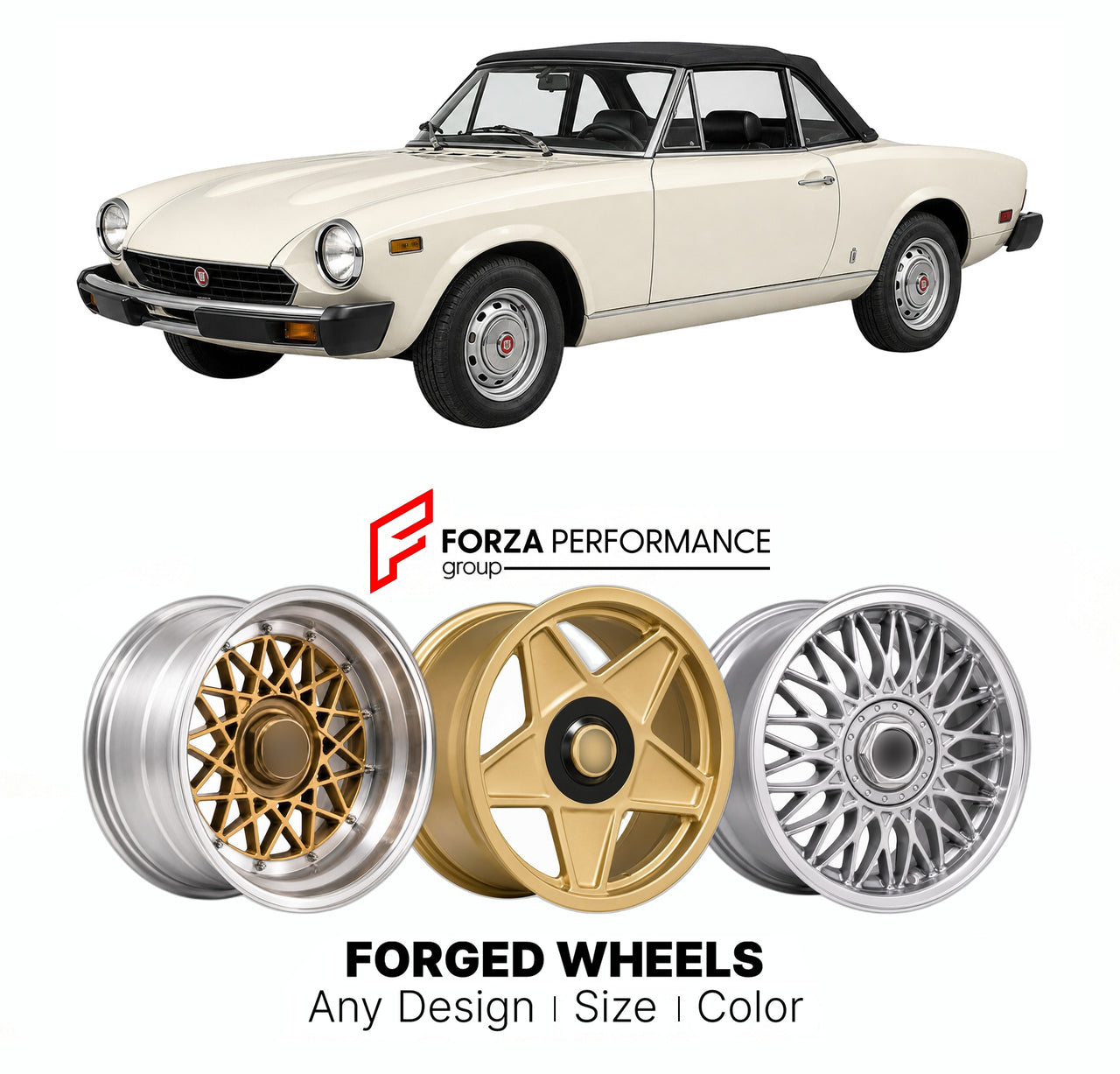 CUSTOM CLASSIC VINTAGE RESTOMOD RETRO OLD SCHOOL FORGED WHEELS RIMS for FIAT 124 SPORT SPIDER 1966 - 1985

Custom forged wheels for Fiat 124 Sport Spider 1966 - 1985. Classic, vintage, restomod wheel designs made to order in custom sizes, offsets, colors and finishes.

We manufacture premium quality forged wheels rims for Fiat 124 Sport Spider 1966 - 1985 in any design, size, color.

THIS WHEEL DESIGN CAN BE CUSTOM-MADE FOR YOUR CAR IN ANY SIZE AND COLOR OPTIONS
Available in monoblock, 2-piece, 3-piece, duo