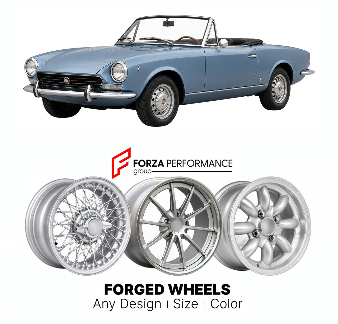 CUSTOM CLASSIC VINTAGE RESTOMOD RETRO OLD SCHOOL FORGED WHEELS RIMS for FIAT 124 SPORT SPIDER BS CS 1969 - 1985

Custom forged wheels for Fiat 124 Sport Spider BS CS 1969 - 1985. Classic, vintage, restomod wheel designs made to order in custom sizes, offsets, colors and finishes.

We manufacture premium quality forged wheels rims for Fiat 124 Sport Spider BS CS 1969 - 1985 in any design, size, color.

THIS WHEEL DESIGN CAN BE CUSTOM-MADE FOR YOUR CAR IN ANY SIZE AND COLOR OPTIONS
Available in monoblock, 2-p