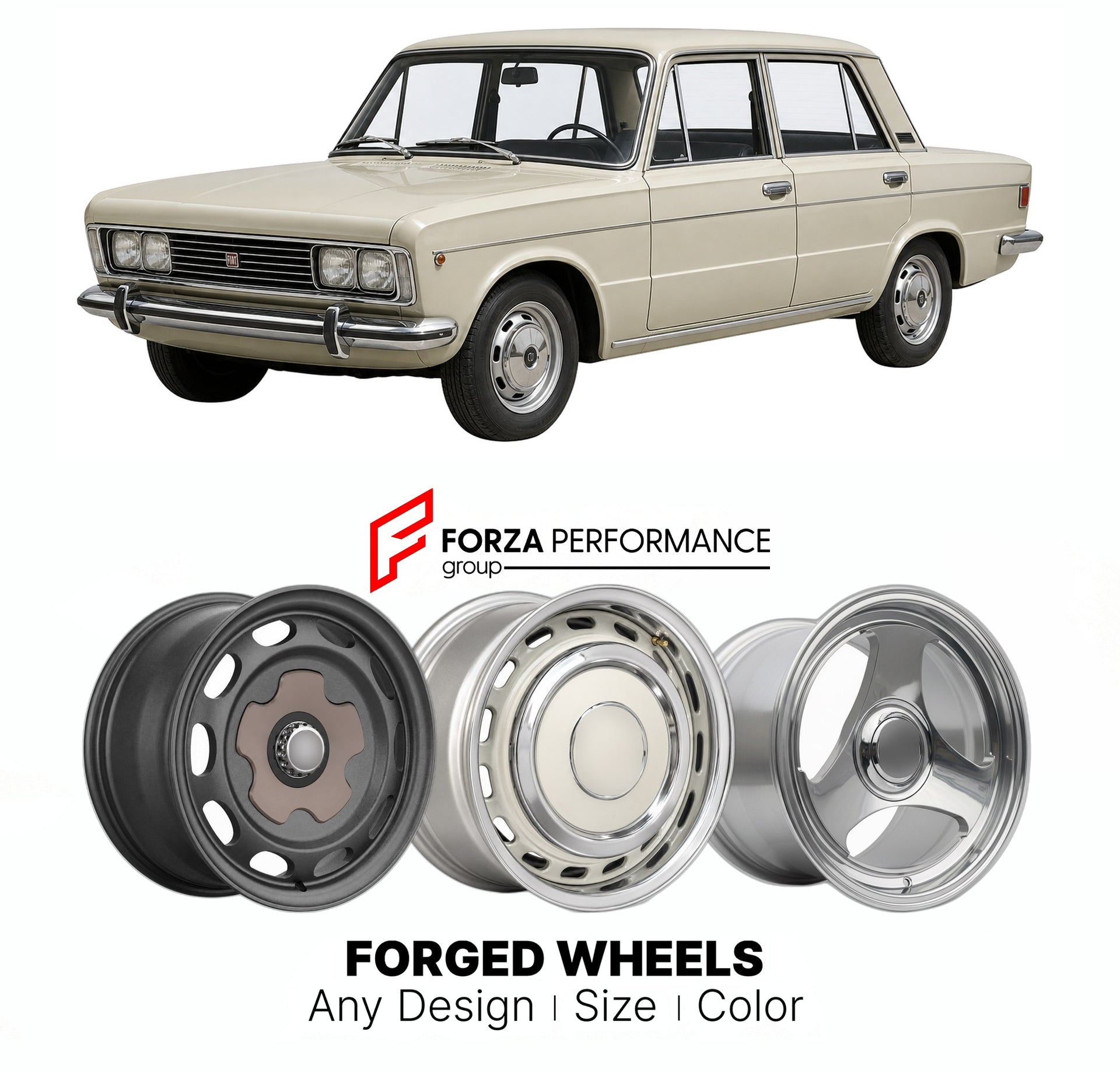 CUSTOM CLASSIC VINTAGE RESTOMOD RETRO OLD SCHOOL FORGED WHEELS RIMS for FIAT 125 1967 - 1972

Custom forged wheels for Fiat 125 1967 - 1972. Classic, vintage, restomod wheel designs made to order in custom sizes, offsets, colors and finishes.

We manufacture premium quality forged wheels rims for Fiat 125 1967 - 1972 in any design, size, color.

THIS WHEEL DESIGN CAN BE CUSTOM-MADE FOR YOUR CAR IN ANY SIZE AND COLOR OPTIONS
Available in monoblock, 2-piece, 3-piece, duoblock, beadlock
3D wheel renderings are