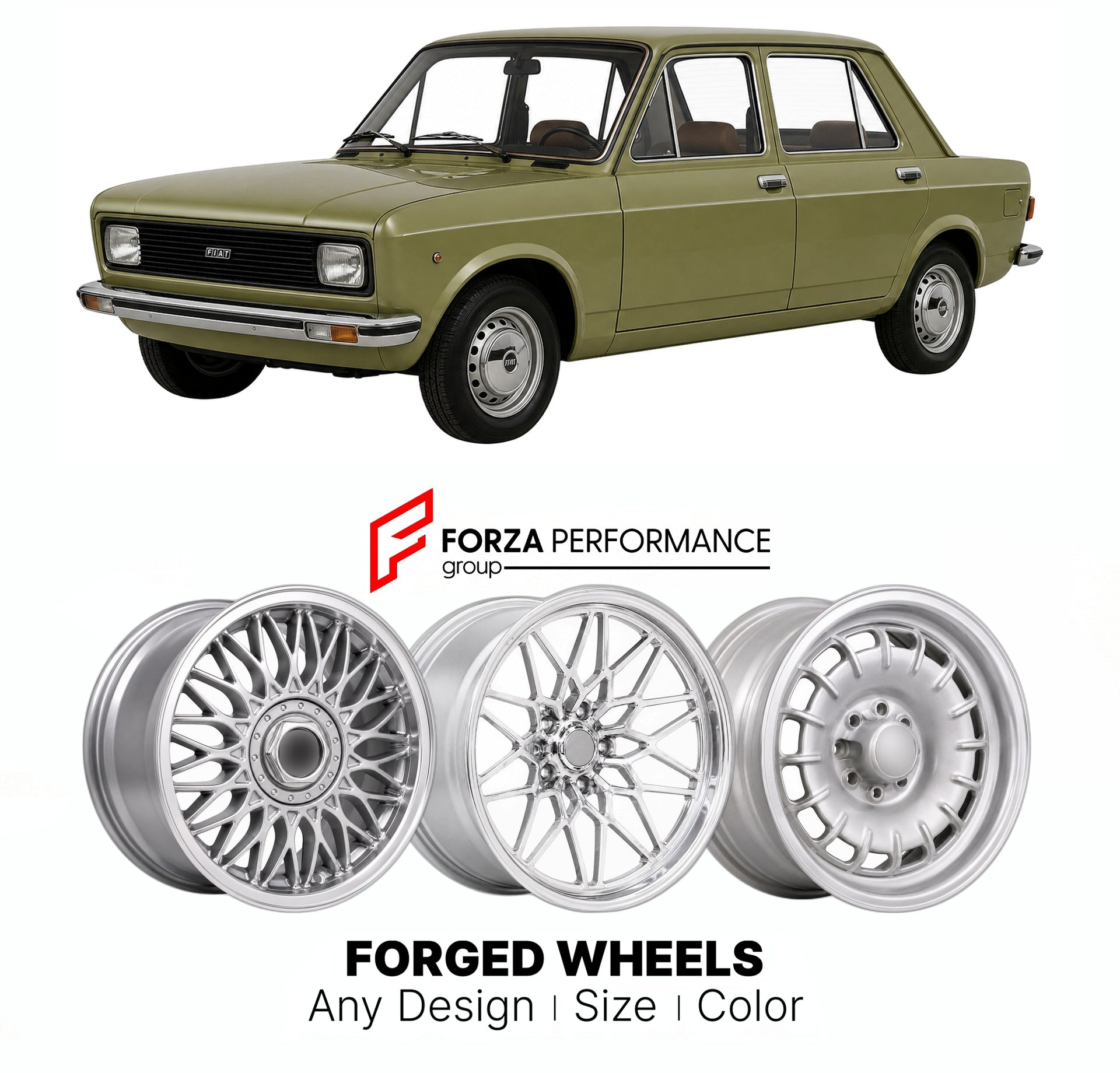 CUSTOM CLASSIC VINTAGE RESTOMOD RETRO OLD SCHOOL FORGED WHEELS RIMS for FIAT 128 1969 - 1985

Custom forged wheels for Fiat 128 1969 - 1985. Classic, vintage, restomod wheel designs made to order in custom sizes, offsets, colors and finishes.

We manufacture premium quality forged wheels rims for Fiat 128 1969 - 1985 in any design, size, color.

THIS WHEEL DESIGN CAN BE CUSTOM-MADE FOR YOUR CAR IN ANY SIZE AND COLOR OPTIONS
Available in monoblock, 2-piece, 3-piece, duoblock, beadlock
3D wheel renderings are