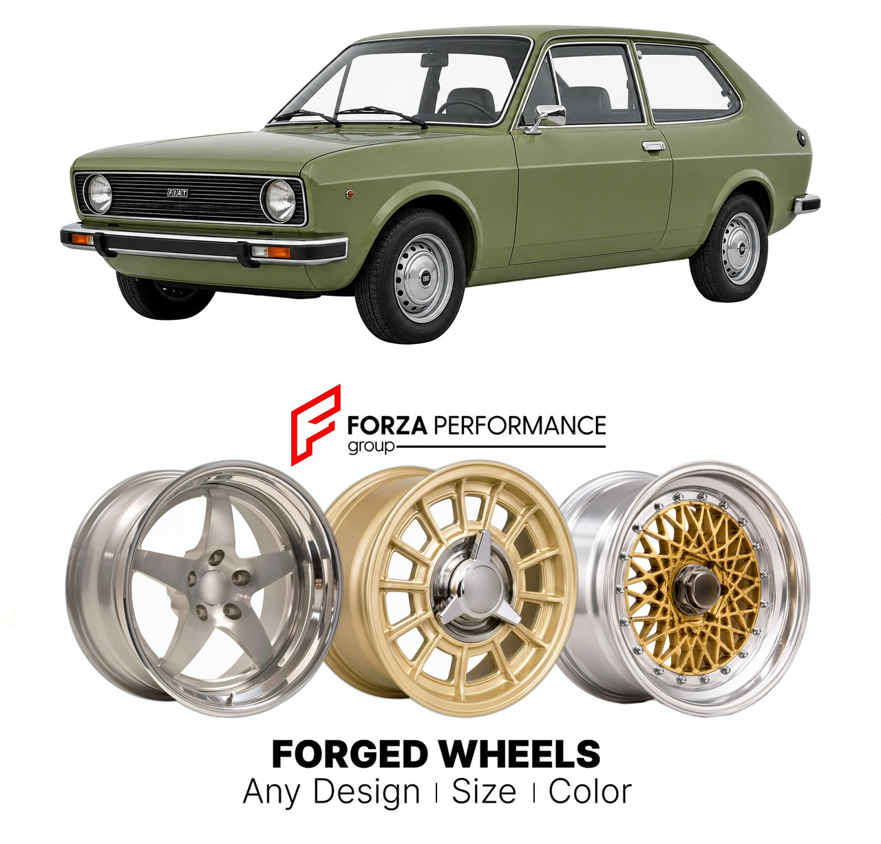 CUSTOM CLASSIC VINTAGE RESTOMOD RETRO OLD SCHOOL FORGED WHEELS RIMS for FIAT 128 COUPE 3P 1971 - 1979

Custom forged wheels for Fiat 128 Coupe 3P 1971 - 1979. Classic, vintage, restomod wheel designs made to order in custom sizes, offsets, colors and finishes.

We manufacture premium quality forged wheels rims for Fiat 128 Coupe 3P 1971 - 1979 in any design, size, color.

THIS WHEEL DESIGN CAN BE CUSTOM-MADE FOR YOUR CAR IN ANY SIZE AND COLOR OPTIONS
Available in monoblock, 2-piece, 3-piece, duoblock, beadl