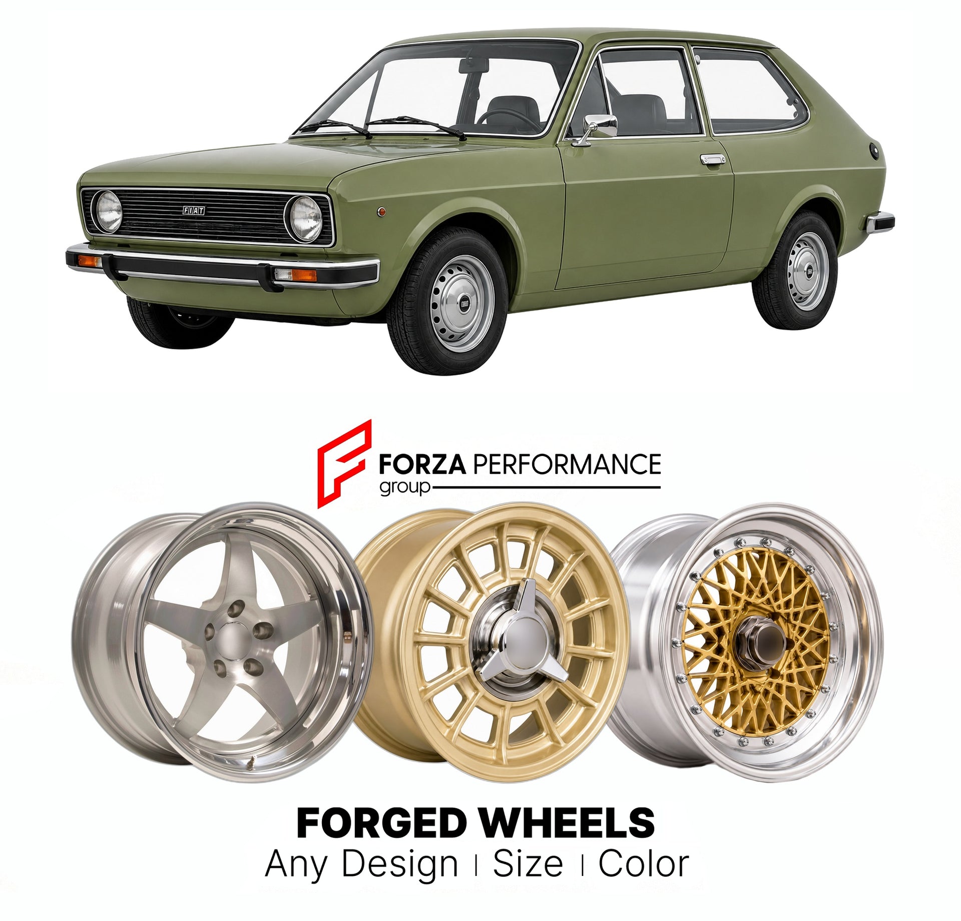 CUSTOM CLASSIC VINTAGE RESTOMOD RETRO OLD SCHOOL FORGED WHEELS RIMS for FIAT 128 COUPE 3P 1971 - 1979

Custom forged wheels for Fiat 128 Coupe 3P 1971 - 1979. Classic, vintage, restomod wheel designs made to order in custom sizes, offsets, colors and finishes.

We manufacture premium quality forged wheels rims for Fiat 128 Coupe 3P 1971 - 1979 in any design, size, color.

THIS WHEEL DESIGN CAN BE CUSTOM-MADE FOR YOUR CAR IN ANY SIZE AND COLOR OPTIONS
Available in monoblock, 2-piece, 3-piece, duoblock, beadl