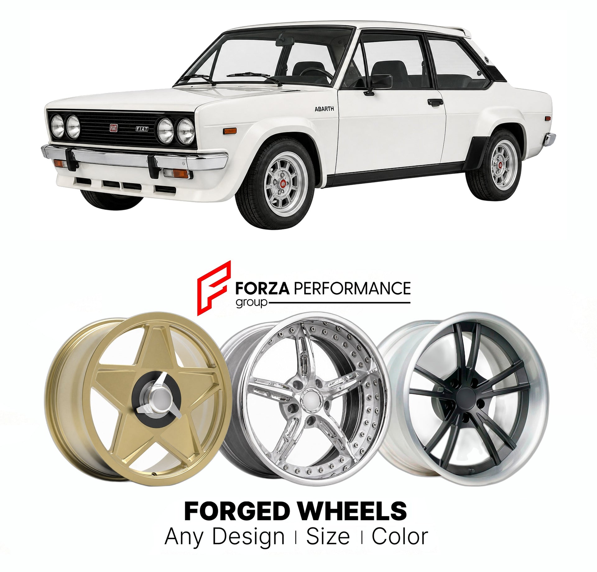 CUSTOM CLASSIC VINTAGE RESTOMOD RETRO OLD SCHOOL FORGED WHEELS RIMS for FIAT 131 ABARTH 1976 - 1980

Custom forged wheels for Fiat 131 Abarth 1976 - 1980. Classic, vintage, restomod wheel designs made to order in custom sizes, offsets, colors and finishes.

We manufacture premium quality forged wheels rims for Fiat 131 Abarth 1976 - 1980 in any design, size, color.

THIS WHEEL DESIGN CAN BE CUSTOM-MADE FOR YOUR CAR IN ANY SIZE AND COLOR OPTIONS
Available in monoblock, 2-piece, 3-piece, duoblock, beadlock
3D