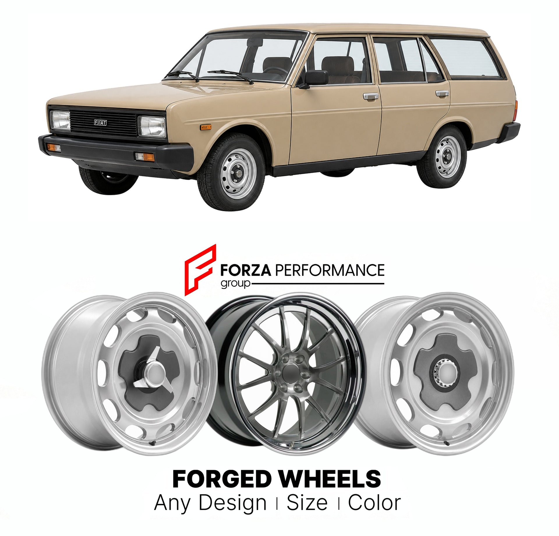 CUSTOM CLASSIC VINTAGE RESTOMOD RETRO OLD SCHOOL FORGED WHEELS RIMS for FIAT 131 FAMILIARE 1975 - 1984

Custom forged wheels for Fiat 131 Familiare 1975 - 1984. Classic, vintage, restomod wheel designs made to order in custom sizes, offsets, colors and finishes.

We manufacture premium quality forged wheels rims for Fiat 131 Familiare 1975 - 1984 in any design, size, color.

THIS WHEEL DESIGN CAN BE CUSTOM-MADE FOR YOUR CAR IN ANY SIZE AND COLOR OPTIONS
Available in monoblock, 2-piece, 3-piece, duoblock, be
