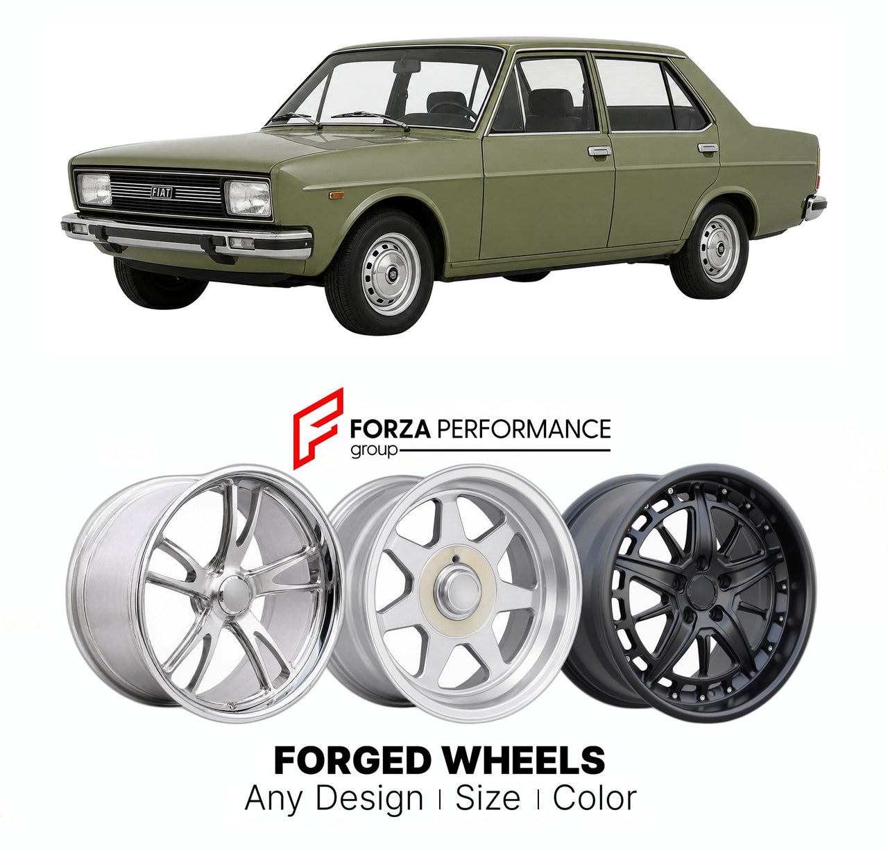 CUSTOM CLASSIC VINTAGE RESTOMOD RETRO OLD SCHOOL FORGED WHEELS RIMS for FIAT 131 MIRAFIORI 1974 - 1984

Custom forged wheels for Fiat 131 Mirafiori 1974 - 1984. Classic, vintage, restomod wheel designs made to order in custom sizes, offsets, colors and finishes.

We manufacture premium quality forged wheels rims for Fiat 131 Mirafiori 1974 - 1984 in any design, size, color.

THIS WHEEL DESIGN CAN BE CUSTOM-MADE FOR YOUR CAR IN ANY SIZE AND COLOR OPTIONS
Available in monoblock, 2-piece, 3-piece, duoblock, be