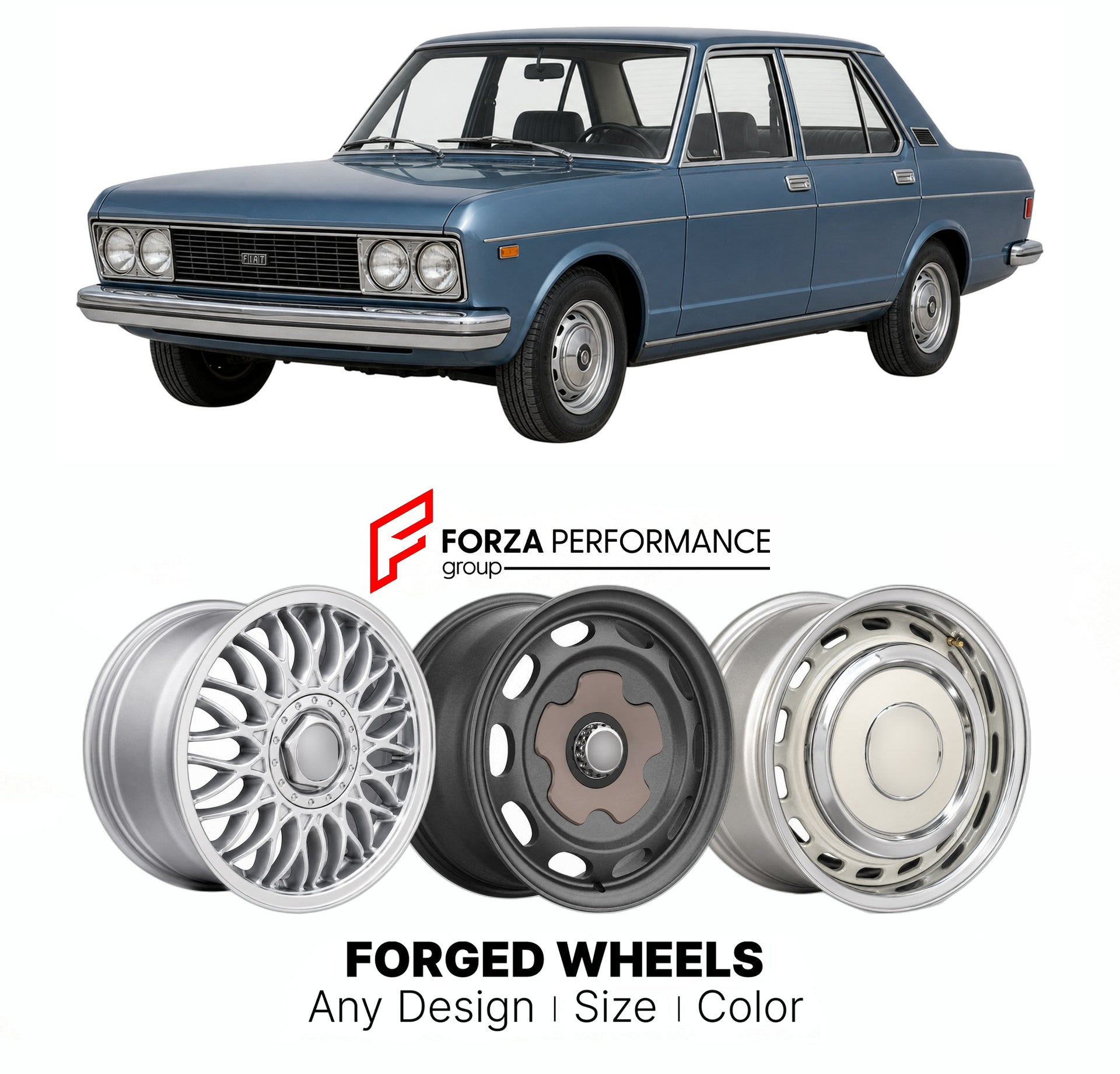 CUSTOM CLASSIC VINTAGE RESTOMOD RETRO OLD SCHOOL FORGED WHEELS RIMS for FIAT 132 1972 - 1981

Custom forged wheels for Fiat 132 1972 - 1981. Classic, vintage, restomod wheel designs made to order in custom sizes, offsets, colors and finishes.

We manufacture premium quality forged wheels rims for Fiat 132 1972 - 1981 in any design, size, color.

THIS WHEEL DESIGN CAN BE CUSTOM-MADE FOR YOUR CAR IN ANY SIZE AND COLOR OPTIONS
Available in monoblock, 2-piece, 3-piece, duoblock, beadlock
3D wheel renderings are