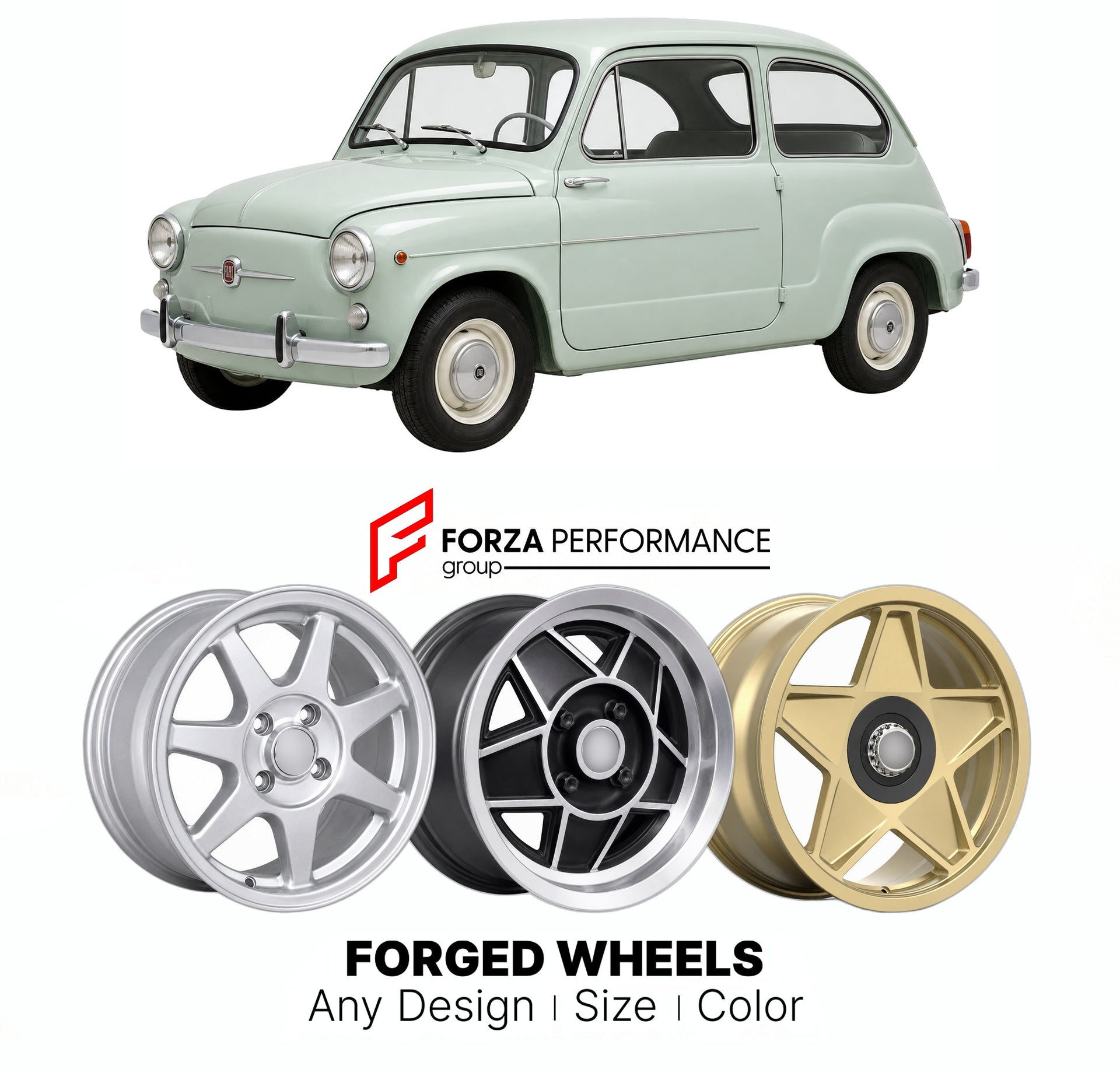 CUSTOM CLASSIC VINTAGE RESTOMOD RETRO OLD SCHOOL FORGED WHEELS RIMS for FIAT 600 D 1960 - 1969

Custom forged wheels for Fiat 600 D 1960 - 1969. Classic, vintage, restomod wheel designs made to order in custom sizes, offsets, colors and finishes.

We manufacture premium quality forged wheels rims for Fiat 600 D 1960 - 1969 in any design, size, color.

THIS WHEEL DESIGN CAN BE CUSTOM-MADE FOR YOUR CAR IN ANY SIZE AND COLOR OPTIONS
Available in monoblock, 2-piece, 3-piece, duoblock, beadlock
3D wheel renderin