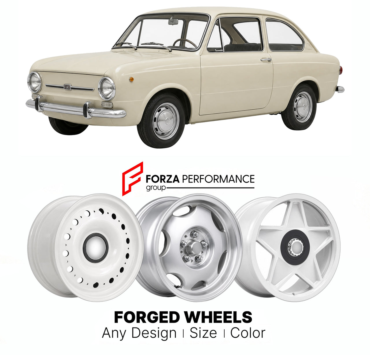 CUSTOM CLASSIC VINTAGE RESTOMOD RETRO OLD SCHOOL FORGED WHEELS RIMS for FIAT 850 BERLINA 1964 - 1973

Custom forged wheels for Fiat 850 Berlina 1964 - 1973. Classic, vintage, restomod wheel designs made to order in custom sizes, offsets, colors and finishes.

We manufacture premium quality forged wheels rims for Fiat 850 Berlina 1964 - 1973 in any design, size, color.

THIS WHEEL DESIGN CAN BE CUSTOM-MADE FOR YOUR CAR IN ANY SIZE AND COLOR OPTIONS
Available in monoblock, 2-piece, 3-piece, duoblock, beadlock