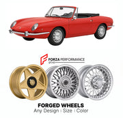 CUSTOM CLASSIC VINTAGE RESTOMOD RETRO OLD SCHOOL FORGED WHEELS RIMS for FIAT 850 SPIDER 1965 - 1973

Custom forged wheels for Fiat 850 Spider 1965 - 1973. Classic, vintage, restomod wheel designs made to order in custom sizes, offsets, colors and finishes.

We manufacture premium quality forged wheels rims for Fiat 850 Spider 1965 - 1973 in any design, size, color.

THIS WHEEL DESIGN CAN BE CUSTOM-MADE FOR YOUR CAR IN ANY SIZE AND COLOR OPTIONS
Available in monoblock, 2-piece, 3-piece, duoblock, beadlock
3D