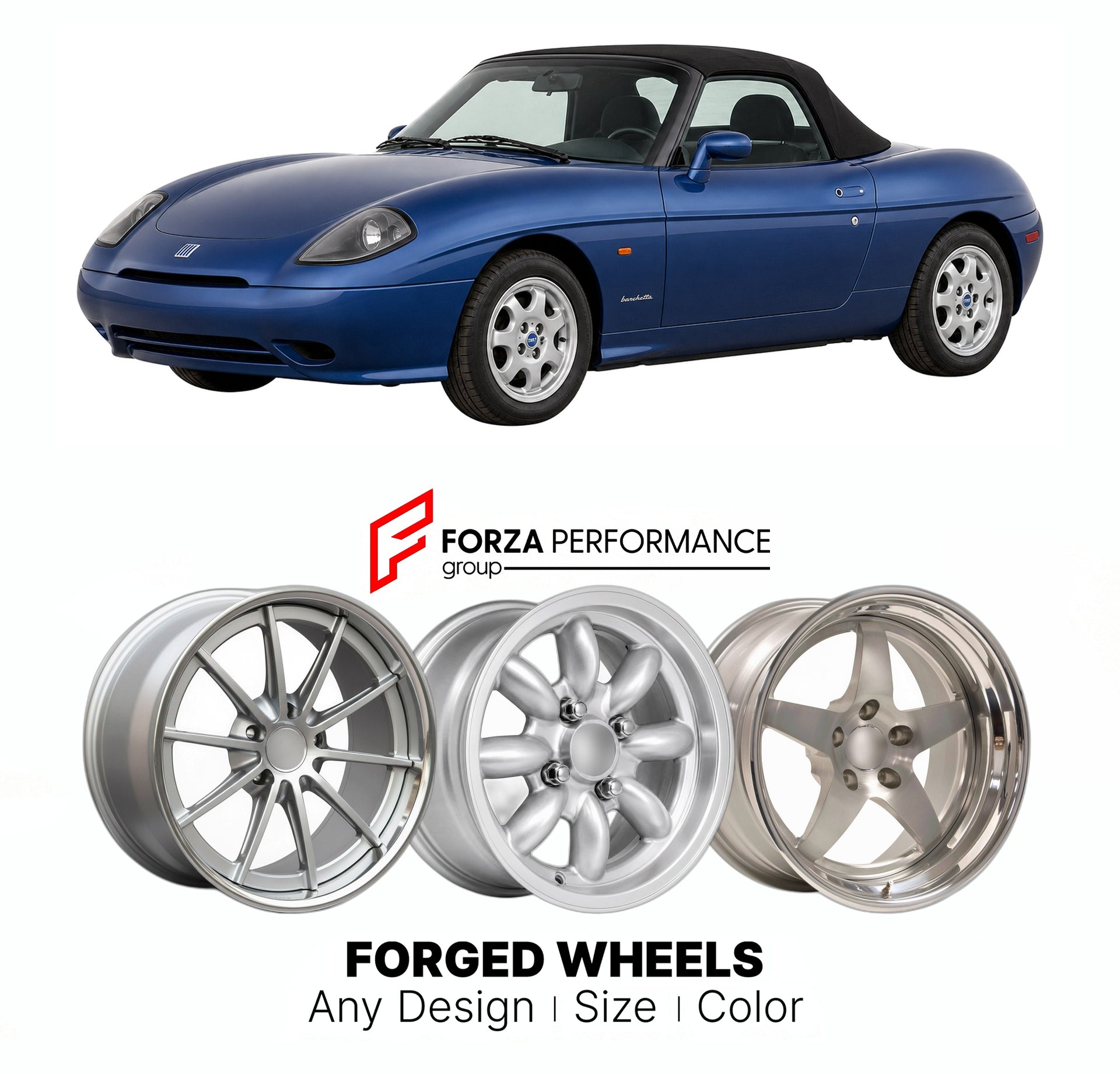 CUSTOM CLASSIC VINTAGE RESTOMOD RETRO OLD SCHOOL FORGED WHEELS RIMS for FIAT BARCHETTA 1995 - 2005

Custom forged wheels for Fiat Barchetta 1995 - 2005. Classic, vintage, restomod wheel designs made to order in custom sizes, offsets, colors and finishes.

We manufacture premium quality forged wheels rims for Fiat Barchetta 1995 - 2005 in any design, size, color.

THIS WHEEL DESIGN CAN BE CUSTOM-MADE FOR YOUR CAR IN ANY SIZE AND COLOR OPTIONS
Available in monoblock, 2-piece, 3-piece, duoblock, beadlock
3D wh