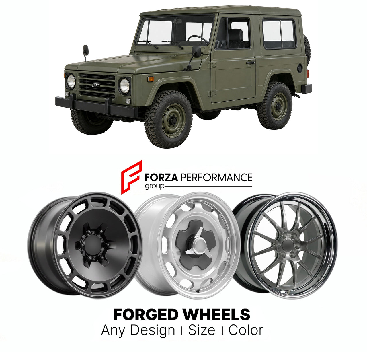 CUSTOM CLASSIC VINTAGE RESTOMOD RETRO OLD SCHOOL FORGED WHEELS RIMS for FIAT CAMPAGNOLA AR76 1974 - 1987

Custom forged wheels for Fiat Campagnola AR76 1974 - 1987. Classic, vintage, restomod wheel designs made to order in custom sizes, offsets, colors and finishes.

We manufacture premium quality forged wheels rims for Fiat Campagnola AR76 1974 - 1987 in any design, size, color.

THIS WHEEL DESIGN CAN BE CUSTOM-MADE FOR YOUR CAR IN ANY SIZE AND COLOR OPTIONS
Available in monoblock, 2-piece, 3-piece, duoblo