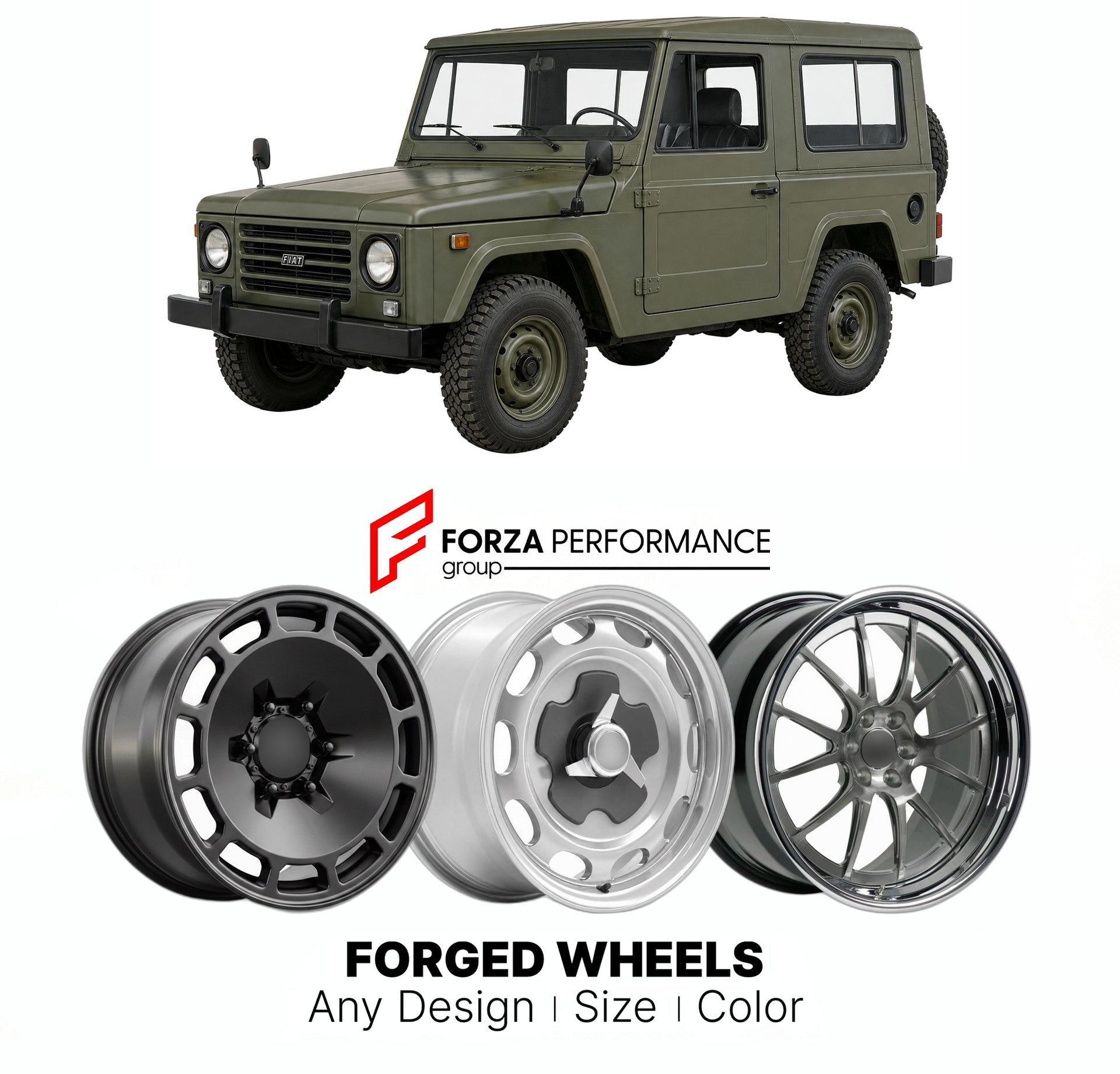CUSTOM CLASSIC VINTAGE RESTOMOD RETRO OLD SCHOOL FORGED WHEELS RIMS for FIAT CAMPAGNOLA AR76 1974 - 1987

Custom forged wheels for Fiat Campagnola AR76 1974 - 1987. Classic, vintage, restomod wheel designs made to order in custom sizes, offsets, colors and finishes.

We manufacture premium quality forged wheels rims for Fiat Campagnola AR76 1974 - 1987 in any design, size, color.

THIS WHEEL DESIGN CAN BE CUSTOM-MADE FOR YOUR CAR IN ANY SIZE AND COLOR OPTIONS
Available in monoblock, 2-piece, 3-piece, duoblo