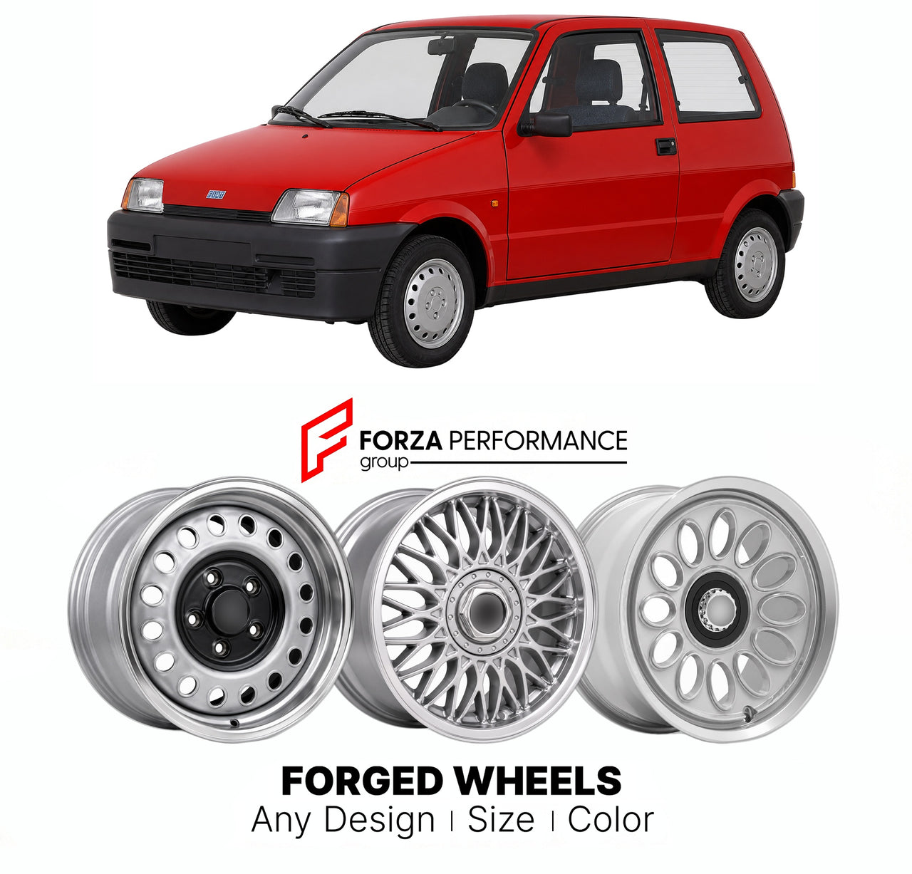 CUSTOM CLASSIC VINTAGE RESTOMOD RETRO OLD SCHOOL FORGED WHEELS RIMS for FIAT CINQUECENTO 1991 - 1998

Custom forged wheels for Fiat Cinquecento 1991 - 1998. Classic, vintage, restomod wheel designs made to order in custom sizes, offsets, colors and finishes.

We manufacture premium quality forged wheels rims for Fiat Cinquecento 1991 - 1998 in any design, size, color.

THIS WHEEL DESIGN CAN BE CUSTOM-MADE FOR YOUR CAR IN ANY SIZE AND COLOR OPTIONS
Available in monoblock, 2-piece, 3-piece, duoblock, beadlock