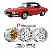 CUSTOM CLASSIC VINTAGE RESTOMOD RETRO OLD SCHOOL FORGED WHEELS RIMS for FIAT DINO SPIDER COUPE 1966 - 1973

Custom forged wheels for Fiat Dino Spider Coupe 1966 - 1973. Classic, vintage, restomod wheel designs made to order in custom sizes, offsets, colors and finishes.

We manufacture premium quality forged wheels rims for Fiat Dino Spider Coupe 1966 - 1973 in any design, size, color.

THIS WHEEL DESIGN CAN BE CUSTOM-MADE FOR YOUR CAR IN ANY SIZE AND COLOR OPTIONS
Available in monoblock, 2-piece, 3-piece, 