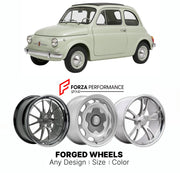 CUSTOM CLASSIC VINTAGE RESTOMOD RETRO OLD SCHOOL FORGED WHEELS RIMS for FIAT NUOVA 500 1957 - 1975

Custom forged wheels for Fiat Nuova 500 1957 - 1975. Classic, vintage, restomod wheel designs made to order in custom sizes, offsets, colors and finishes.

We manufacture premium quality forged wheels rims for Fiat Nuova 500 1957 - 1975 in any design, size, color.

THIS WHEEL DESIGN CAN BE CUSTOM-MADE FOR YOUR CAR IN ANY SIZE AND COLOR OPTIONS
Available in monoblock, 2-piece, 3-piece, duoblock, beadlock
3D wh