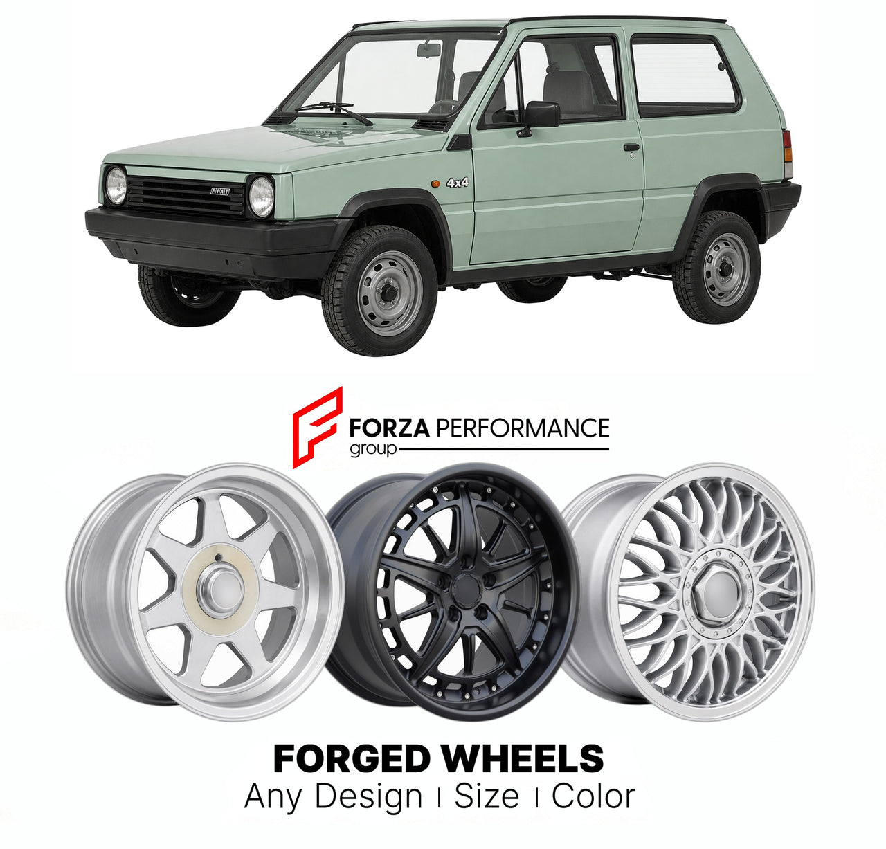 CUSTOM CLASSIC VINTAGE RESTOMOD RETRO OLD SCHOOL FORGED WHEELS RIMS for FIAT PANDA 4X4 MK 1 1983 - 2003

Custom forged wheels for Fiat Panda 4x4 MK 1 1983 - 2003. Classic, vintage, restomod wheel designs made to order in custom sizes, offsets, colors and finishes.

We manufacture premium quality forged wheels rims for Fiat Panda 4x4 MK 1 1983 - 2003 in any design, size, color.

THIS WHEEL DESIGN CAN BE CUSTOM-MADE FOR YOUR CAR IN ANY SIZE AND COLOR OPTIONS
Available in monoblock, 2-piece, 3-piece, duoblock,