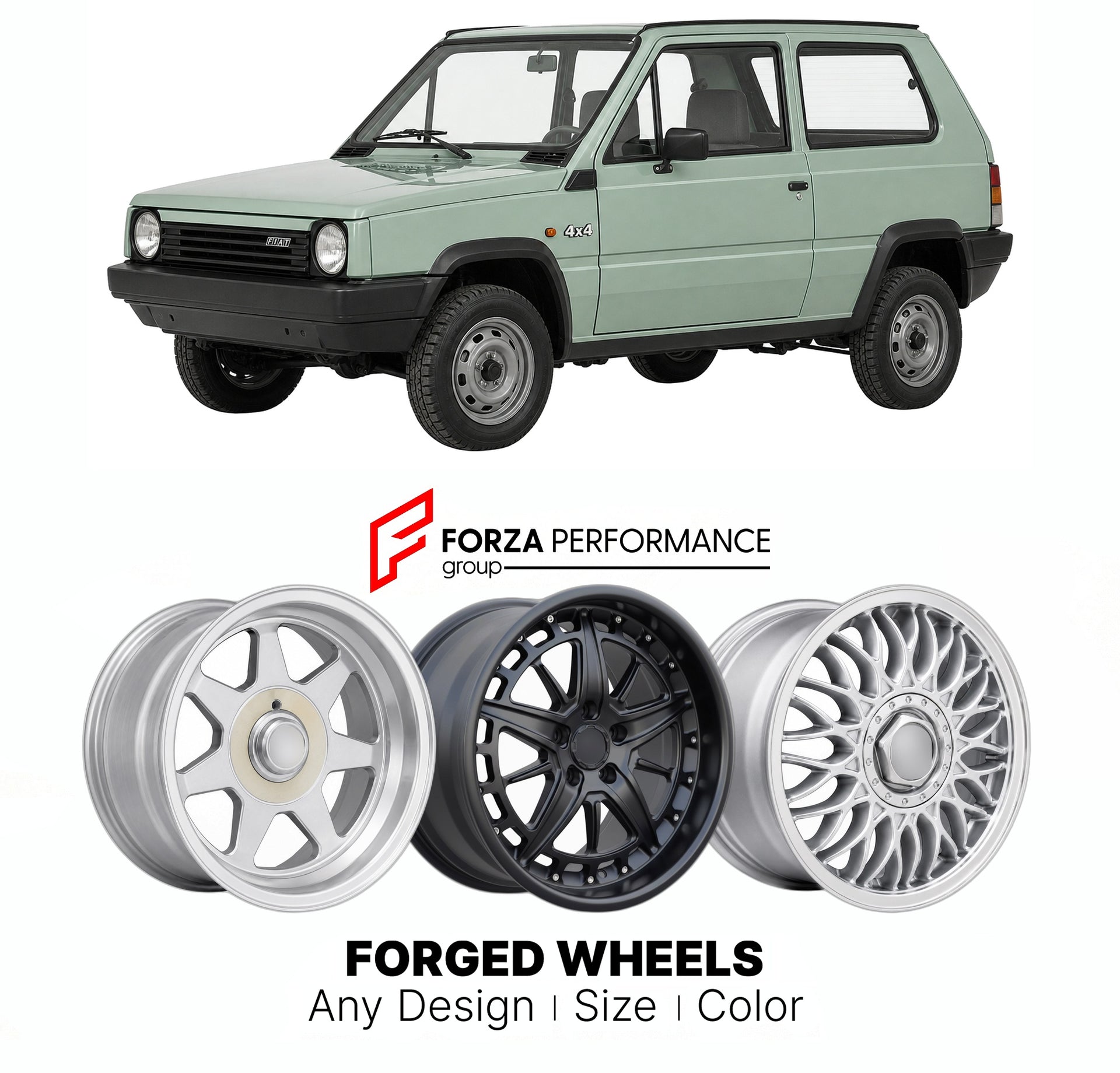 CUSTOM CLASSIC VINTAGE RESTOMOD RETRO OLD SCHOOL FORGED WHEELS RIMS for FIAT PANDA 4X4 MK 1 1983 - 2003

Custom forged wheels for Fiat Panda 4x4 MK 1 1983 - 2003. Classic, vintage, restomod wheel designs made to order in custom sizes, offsets, colors and finishes.

We manufacture premium quality forged wheels rims for Fiat Panda 4x4 MK 1 1983 - 2003 in any design, size, color.

THIS WHEEL DESIGN CAN BE CUSTOM-MADE FOR YOUR CAR IN ANY SIZE AND COLOR OPTIONS
Available in monoblock, 2-piece, 3-piece, duoblock,