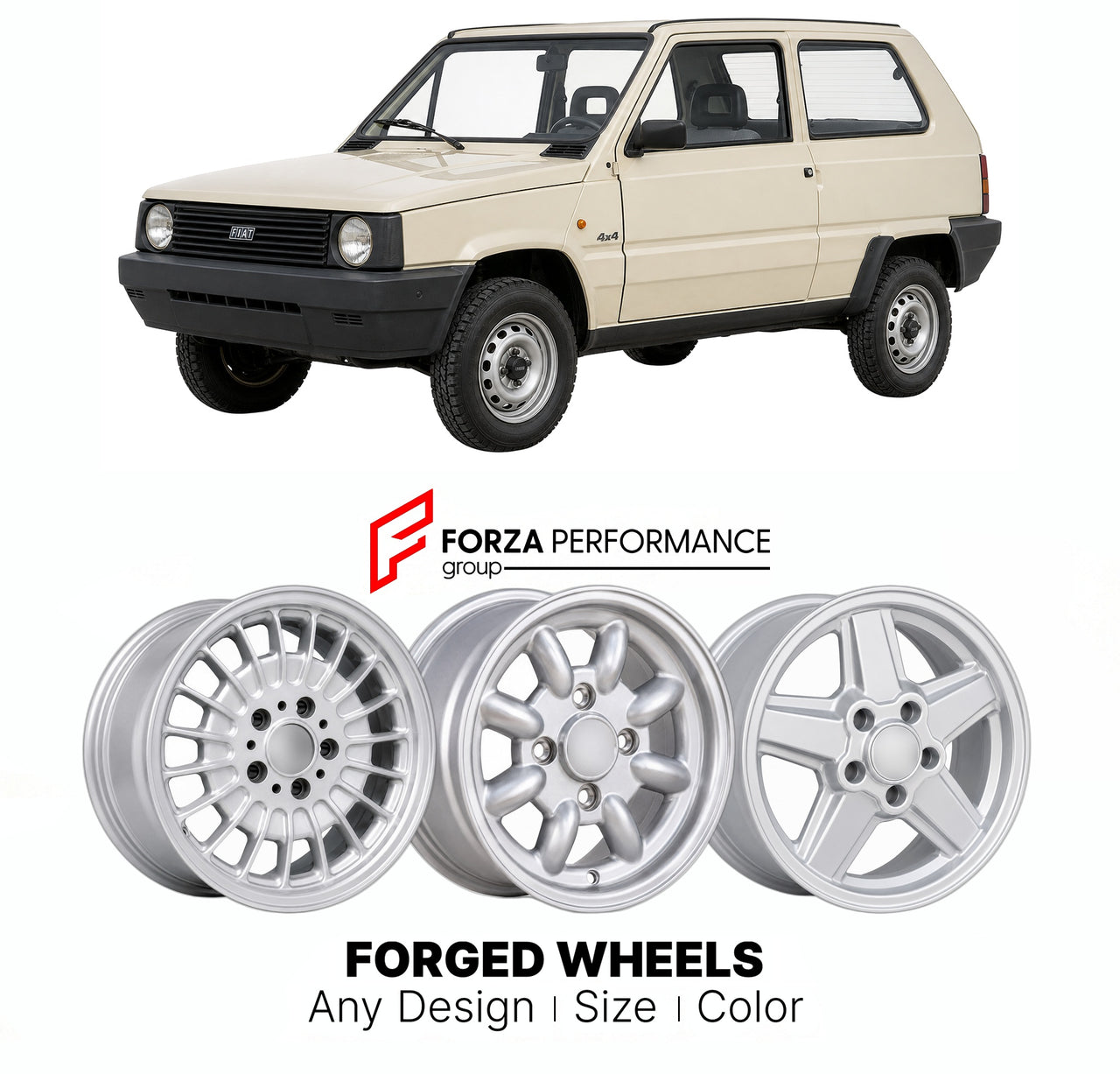 CUSTOM CLASSIC VINTAGE RESTOMOD RETRO OLD SCHOOL FORGED WHEELS RIMS for FIAT PANDA 4X4 MK I 1983 - 1986

Custom forged wheels for Fiat Panda 4x4 MK I 1983 - 1986. Classic, vintage, restomod wheel designs made to order in custom sizes, offsets, colors and finishes.

We manufacture premium quality forged wheels rims for Fiat Panda 4x4 MK I 1983 - 1986 in any design, size, color.

THIS WHEEL DESIGN CAN BE CUSTOM-MADE FOR YOUR CAR IN ANY SIZE AND COLOR OPTIONS
Available in monoblock, 2-piece, 3-piece, duoblock,