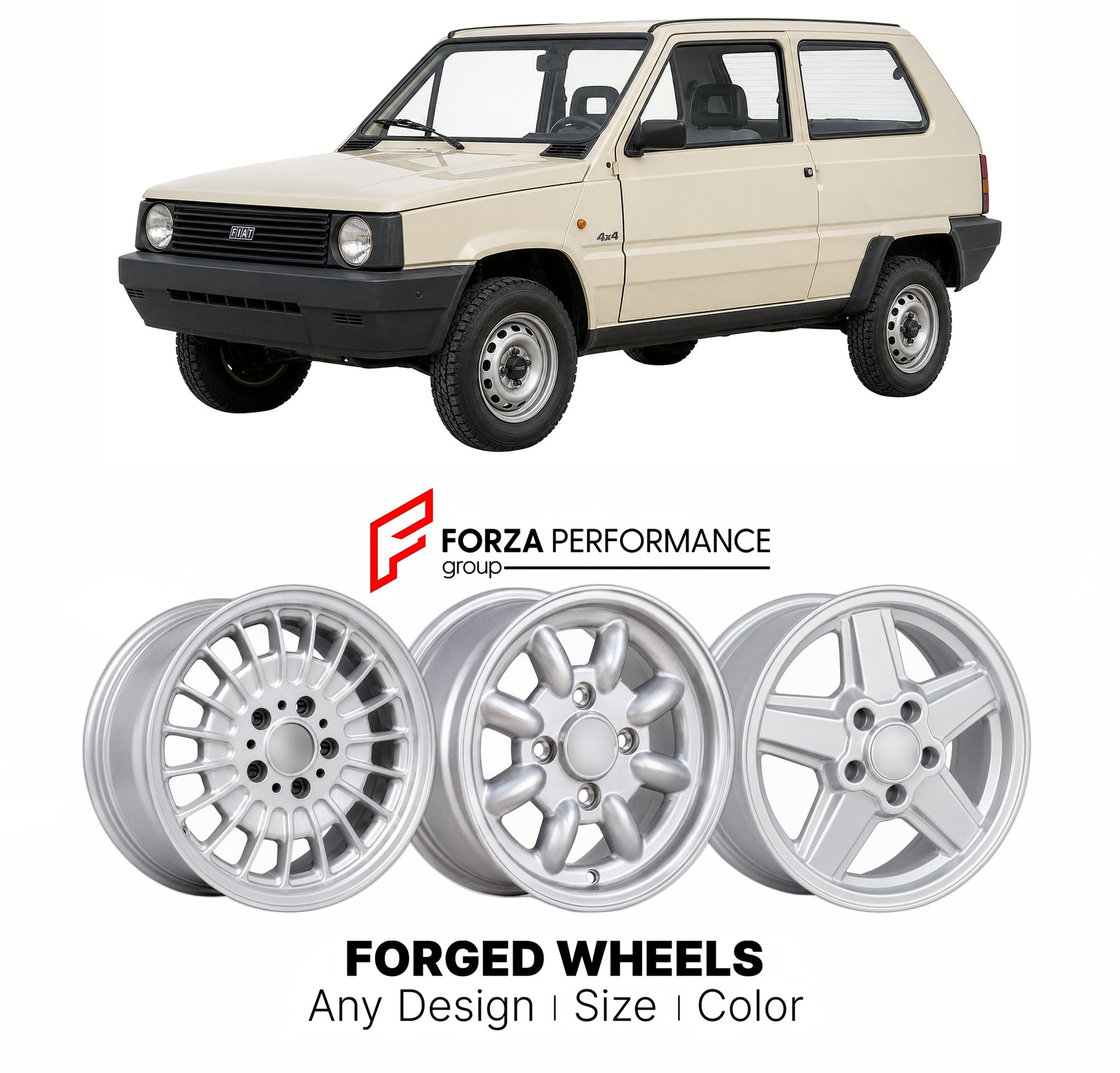 CUSTOM CLASSIC VINTAGE RESTOMOD RETRO OLD SCHOOL FORGED WHEELS RIMS for FIAT PANDA 4X4 MK I 1983 - 1986

Custom forged wheels for Fiat Panda 4x4 MK I 1983 - 1986. Classic, vintage, restomod wheel designs made to order in custom sizes, offsets, colors and finishes.

We manufacture premium quality forged wheels rims for Fiat Panda 4x4 MK I 1983 - 1986 in any design, size, color.

THIS WHEEL DESIGN CAN BE CUSTOM-MADE FOR YOUR CAR IN ANY SIZE AND COLOR OPTIONS
Available in monoblock, 2-piece, 3-piece, duoblock,
