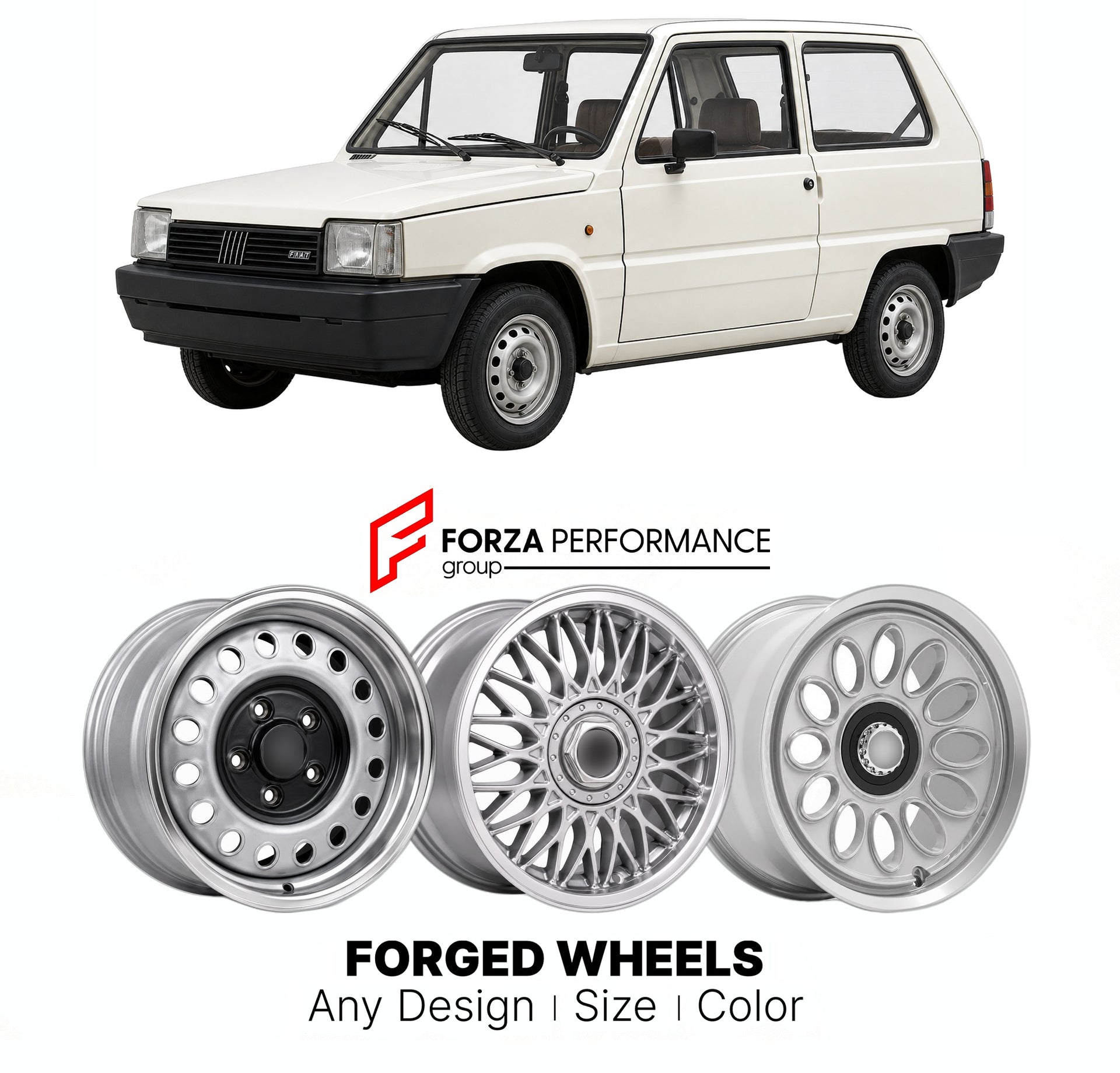CUSTOM CLASSIC VINTAGE RESTOMOD RETRO OLD SCHOOL FORGED WHEELS RIMS for FIAT PANDA MK 1 1980 - 2003

Custom forged wheels for Fiat Panda MK 1 1980 - 2003. Classic, vintage, restomod wheel designs made to order in custom sizes, offsets, colors and finishes.

We manufacture premium quality forged wheels rims for Fiat Panda MK 1 1980 - 2003 in any design, size, color.

THIS WHEEL DESIGN CAN BE CUSTOM-MADE FOR YOUR CAR IN ANY SIZE AND COLOR OPTIONS
Available in monoblock, 2-piece, 3-piece, duoblock, beadlock
3D