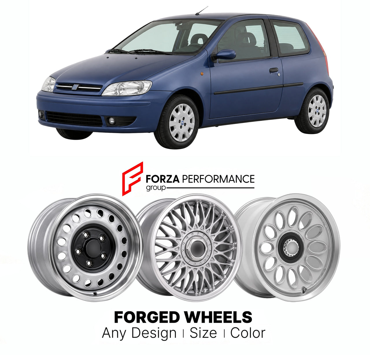 CUSTOM CLASSIC VINTAGE RESTOMOD RETRO OLD SCHOOL FORGED WHEELS RIMS for FIAT PUNTO MK 2 1999 - 2010

Custom forged wheels for Fiat Punto MK 2 1999 - 2010. Classic, vintage, restomod wheel designs made to order in custom sizes, offsets, colors and finishes.

We manufacture premium quality forged wheels rims for Fiat Punto MK 2 1999 - 2010 in any design, size, color.

THIS WHEEL DESIGN CAN BE CUSTOM-MADE FOR YOUR CAR IN ANY SIZE AND COLOR OPTIONS
Available in monoblock, 2-piece, 3-piece, duoblock, beadlock
3D