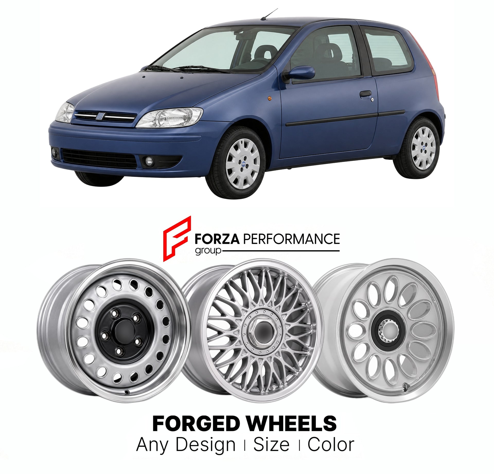 CUSTOM CLASSIC VINTAGE RESTOMOD RETRO OLD SCHOOL FORGED WHEELS RIMS for FIAT PUNTO MK 2 1999 - 2010

Custom forged wheels for Fiat Punto MK 2 1999 - 2010. Classic, vintage, restomod wheel designs made to order in custom sizes, offsets, colors and finishes.

We manufacture premium quality forged wheels rims for Fiat Punto MK 2 1999 - 2010 in any design, size, color.

THIS WHEEL DESIGN CAN BE CUSTOM-MADE FOR YOUR CAR IN ANY SIZE AND COLOR OPTIONS
Available in monoblock, 2-piece, 3-piece, duoblock, beadlock
3D