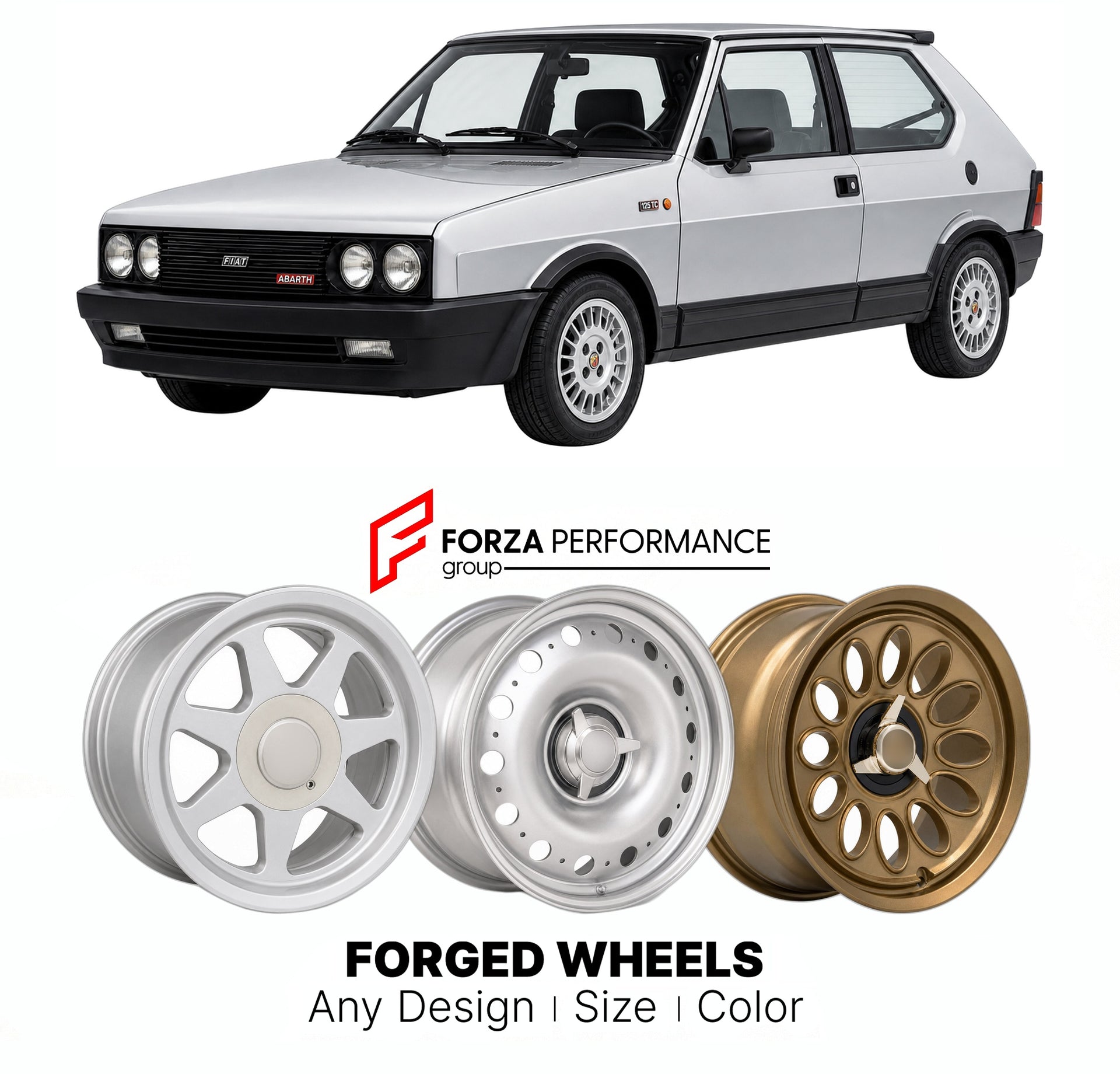 CUSTOM CLASSIC VINTAGE RESTOMOD RETRO OLD SCHOOL FORGED WHEELS RIMS for FIAT RITMO ABARTH 125 130 TC 1981 - 1987

Custom forged wheels for Fiat Ritmo Abarth 125 130 TC 1981 - 1987. Classic, vintage, restomod wheel designs made to order in custom sizes, offsets, colors and finishes.

We manufacture premium quality forged wheels rims for Fiat Ritmo Abarth 125 130 TC 1981 - 1987 in any design, size, color.

THIS WHEEL DESIGN CAN BE CUSTOM-MADE FOR YOUR CAR IN ANY SIZE AND COLOR OPTIONS
Available in monoblock, 