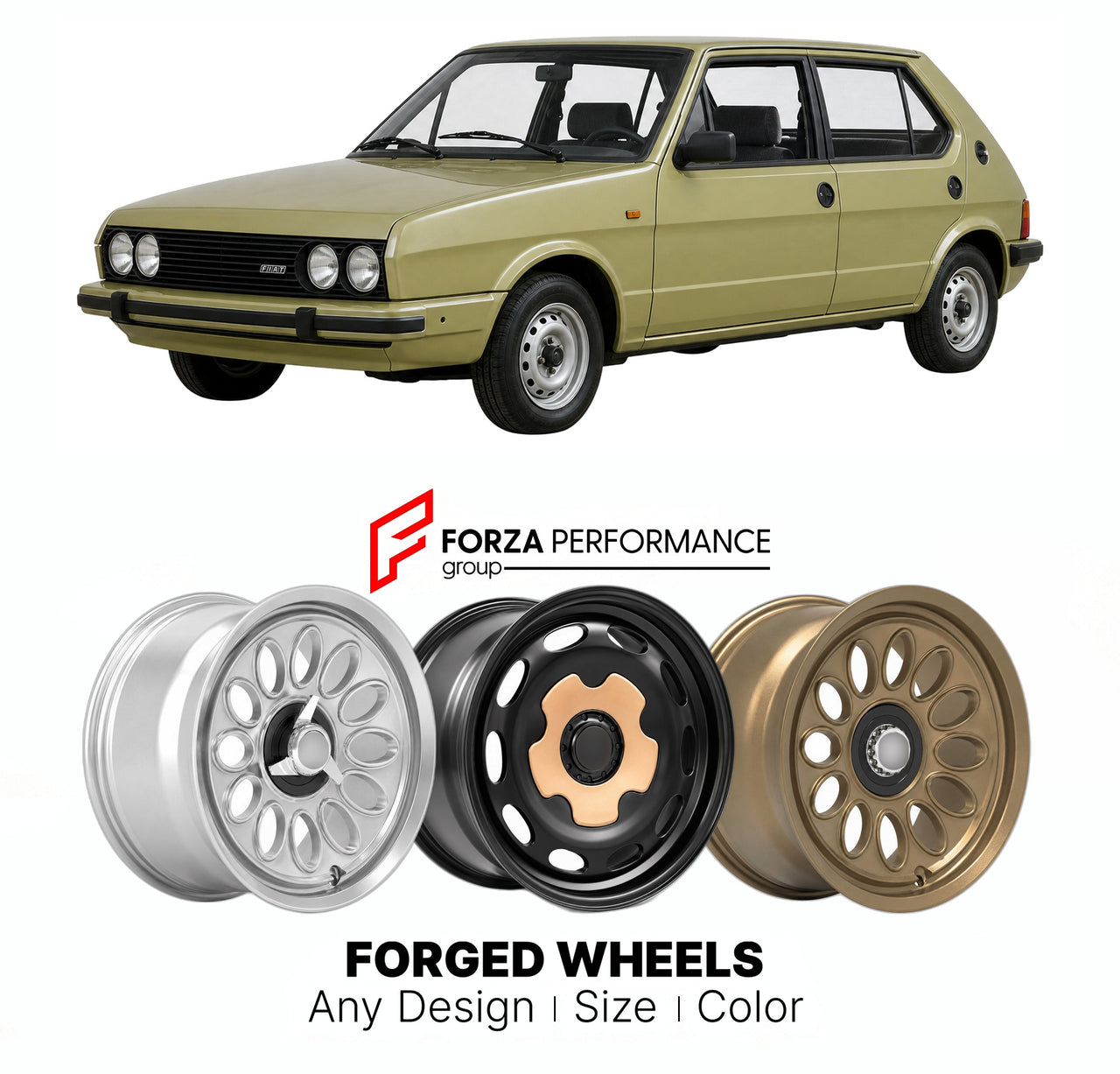CUSTOM CLASSIC VINTAGE RESTOMOD RETRO OLD SCHOOL FORGED WHEELS RIMS for FIAT RITMO STRADA 1978 - 1988

Custom forged wheels for Fiat Ritmo Strada 1978 - 1988. Classic, vintage, restomod wheel designs made to order in custom sizes, offsets, colors and finishes.

We manufacture premium quality forged wheels rims for Fiat Ritmo Strada 1978 - 1988 in any design, size, color.

THIS WHEEL DESIGN CAN BE CUSTOM-MADE FOR YOUR CAR IN ANY SIZE AND COLOR OPTIONS
Available in monoblock, 2-piece, 3-piece, duoblock, beadl