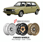 CUSTOM CLASSIC VINTAGE RESTOMOD RETRO OLD SCHOOL FORGED WHEELS RIMS for FIAT RITMO STRADA 1978 - 1988

Custom forged wheels for Fiat Ritmo Strada 1978 - 1988. Classic, vintage, restomod wheel designs made to order in custom sizes, offsets, colors and finishes.

We manufacture premium quality forged wheels rims for Fiat Ritmo Strada 1978 - 1988 in any design, size, color.

THIS WHEEL DESIGN CAN BE CUSTOM-MADE FOR YOUR CAR IN ANY SIZE AND COLOR OPTIONS
Available in monoblock, 2-piece, 3-piece, duoblock, beadl