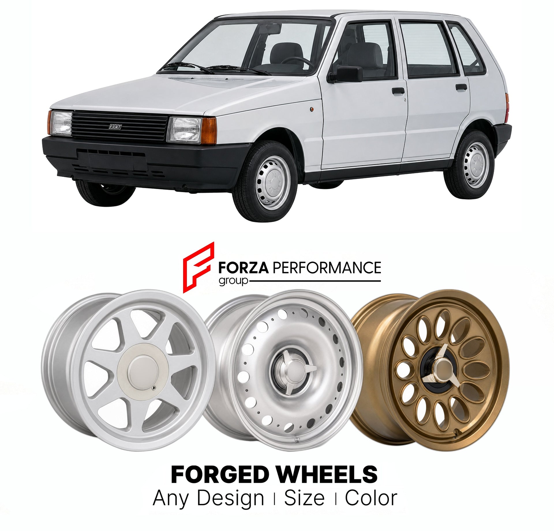 CUSTOM CLASSIC VINTAGE RESTOMOD RETRO OLD SCHOOL FORGED WHEELS RIMS for FIAT UNO 1983 - 1995

Custom forged wheels for Fiat Uno 1983 - 1995. Classic, vintage, restomod wheel designs made to order in custom sizes, offsets, colors and finishes.

We manufacture premium quality forged wheels rims for Fiat Uno 1983 - 1995 in any design, size, color.

THIS WHEEL DESIGN CAN BE CUSTOM-MADE FOR YOUR CAR IN ANY SIZE AND COLOR OPTIONS
Available in monoblock, 2-piece, 3-piece, duoblock, beadlock
3D wheel renderings are