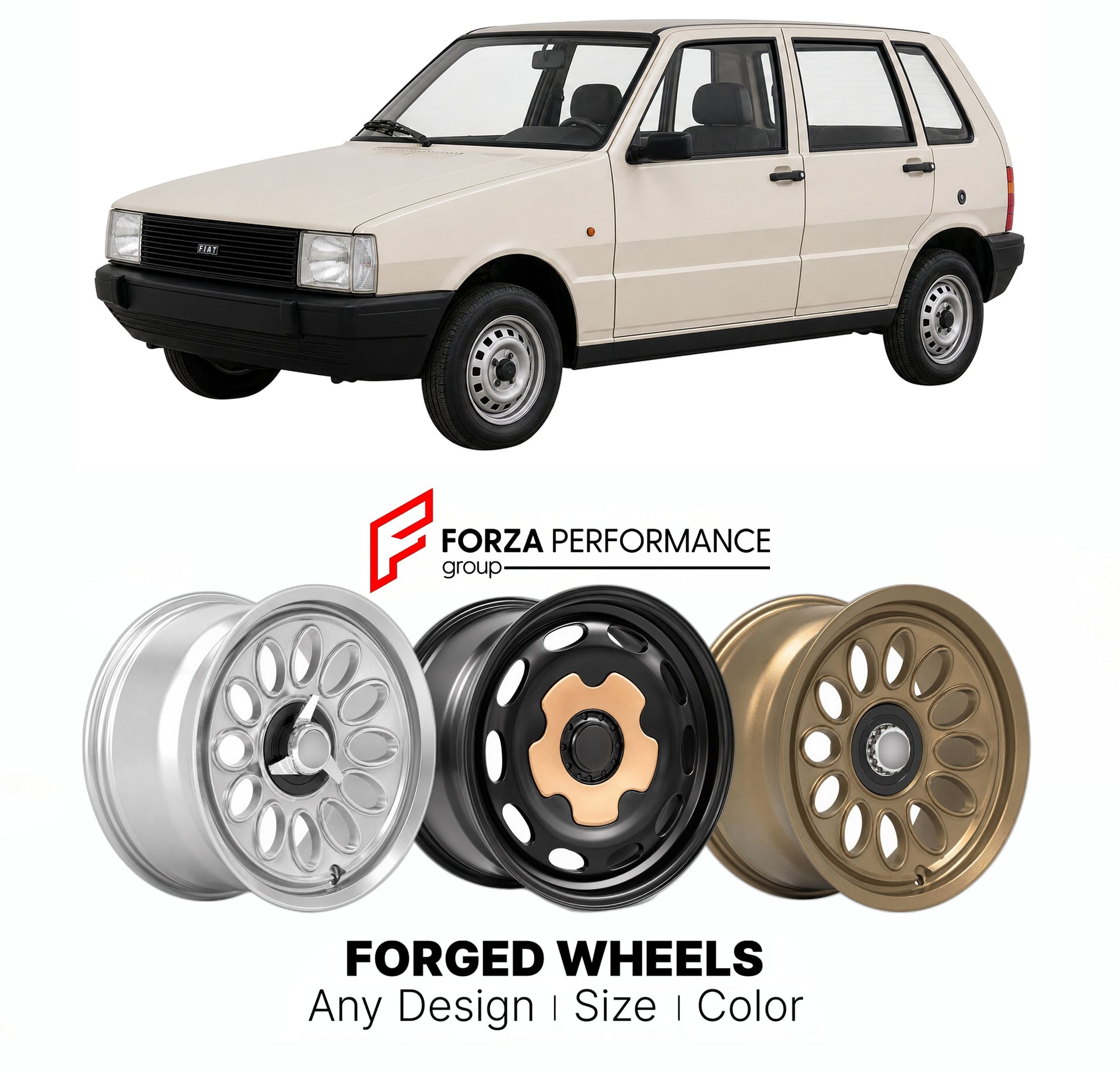 CUSTOM CLASSIC VINTAGE RESTOMOD RETRO OLD SCHOOL FORGED WHEELS RIMS for FIAT UNO MK 1 1983 - 1989

Custom forged wheels for Fiat Uno MK 1 1983 - 1989. Classic, vintage, restomod wheel designs made to order in custom sizes, offsets, colors and finishes.

We manufacture premium quality forged wheels rims for Fiat Uno MK 1 1983 - 1989 in any design, size, color.

THIS WHEEL DESIGN CAN BE CUSTOM-MADE FOR YOUR CAR IN ANY SIZE AND COLOR OPTIONS
Available in monoblock, 2-piece, 3-piece, duoblock, beadlock
3D wheel