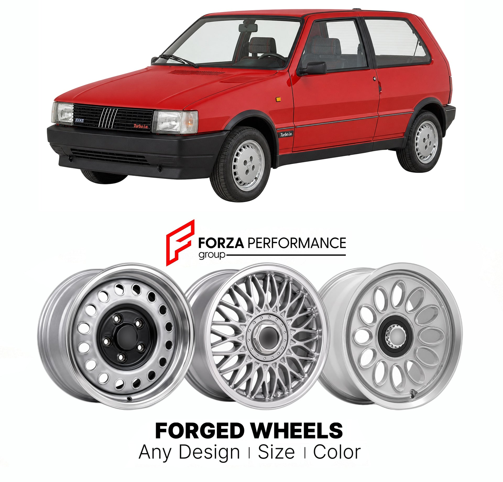 CUSTOM CLASSIC VINTAGE RESTOMOD RETRO OLD SCHOOL FORGED WHEELS RIMS for FIAT UNO TURBO I.E. MK 1 1985 - 1994

Custom forged wheels for Fiat Uno Turbo i.e. MK 1 1985 - 1994. Classic, vintage, restomod wheel designs made to order in custom sizes, offsets, colors and finishes.

We manufacture premium quality forged wheels rims for Fiat Uno Turbo i.e. MK 1 1985 - 1994 in any design, size, color.

THIS WHEEL DESIGN CAN BE CUSTOM-MADE FOR YOUR CAR IN ANY SIZE AND COLOR OPTIONS
Available in monoblock, 2-piece, 3-p