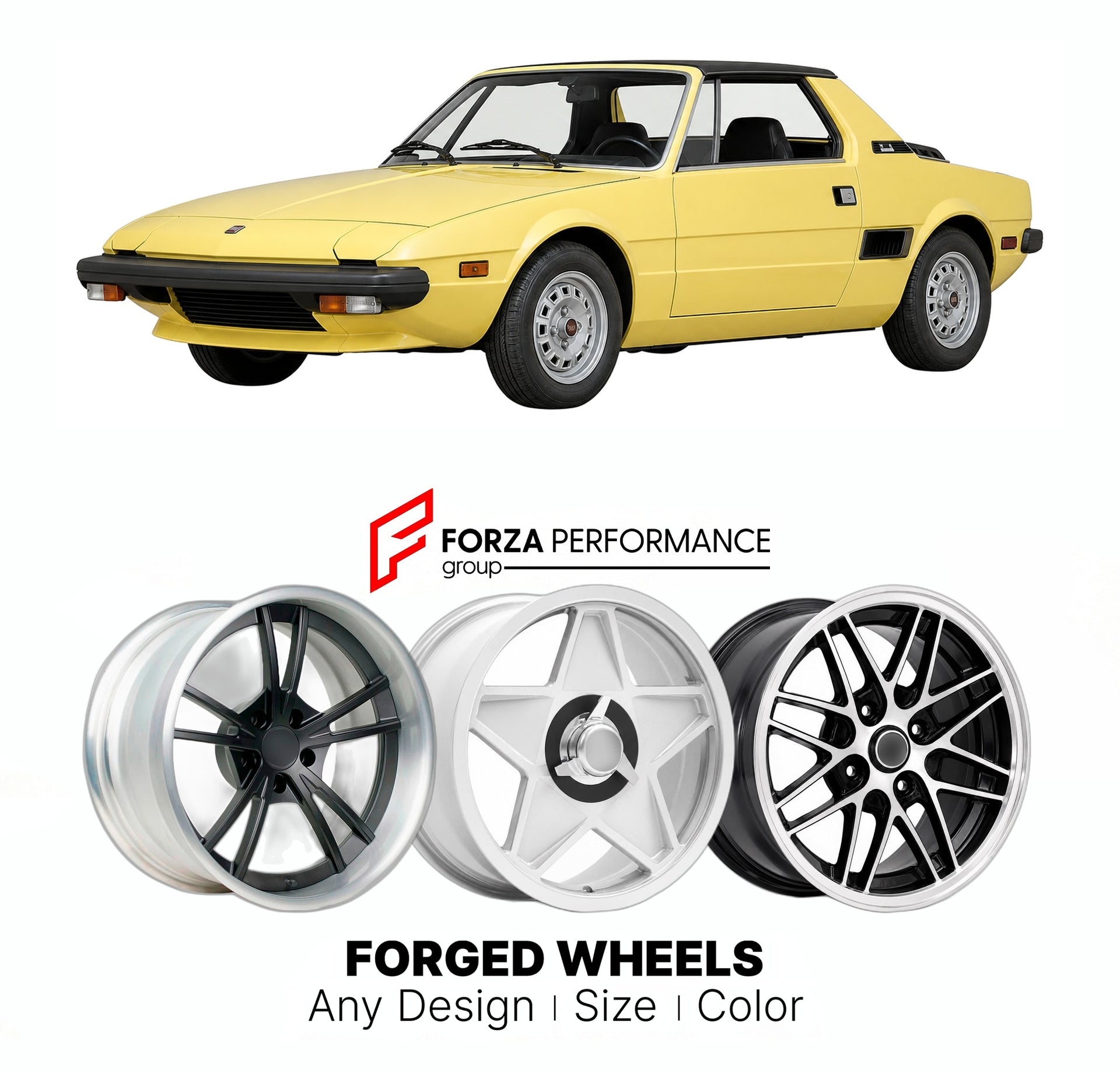 CUSTOM CLASSIC VINTAGE RESTOMOD RETRO OLD SCHOOL FORGED WHEELS RIMS for FIAT X1 9 1972 - 1989

Custom forged wheels for Fiat X1 9 1972 - 1989. Classic, vintage, restomod wheel designs made to order in custom sizes, offsets, colors and finishes.

We manufacture premium quality forged wheels rims for Fiat X1 9 1972 - 1989 in any design, size, color.

THIS WHEEL DESIGN CAN BE CUSTOM-MADE FOR YOUR CAR IN ANY SIZE AND COLOR OPTIONS
Available in monoblock, 2-piece, 3-piece, duoblock, beadlock
3D wheel renderings 