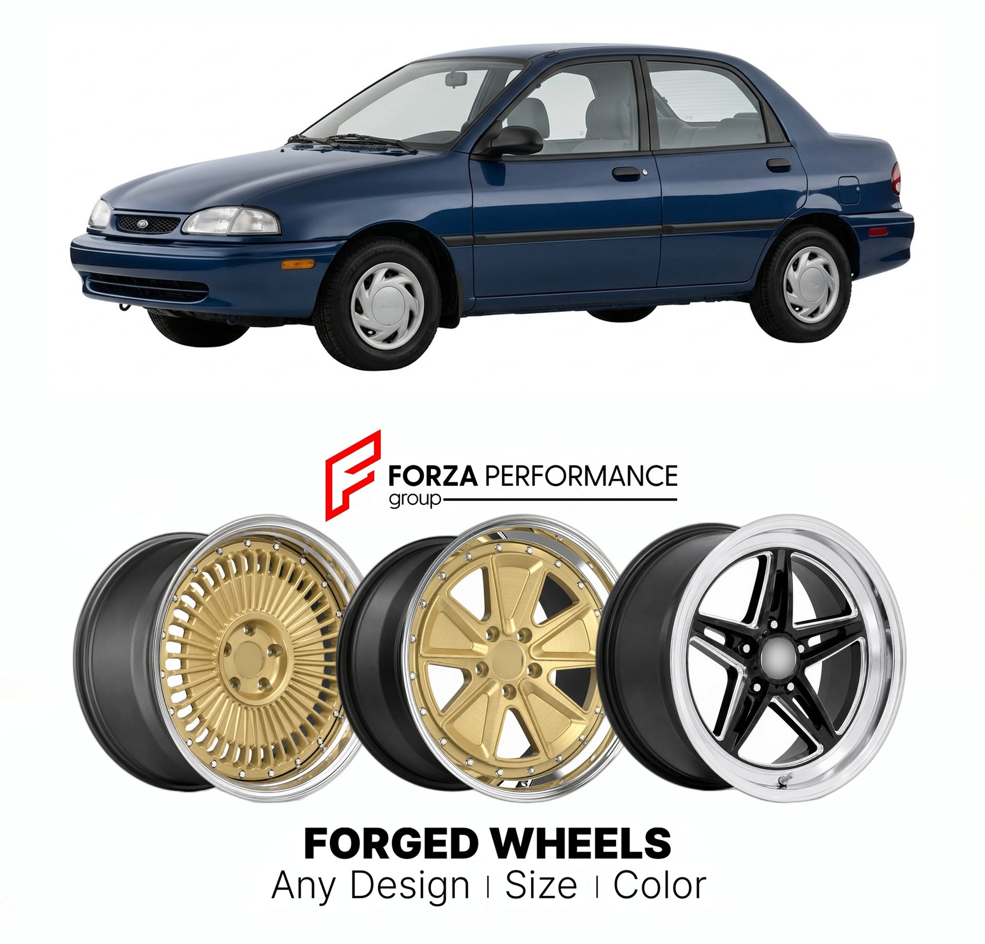 FORGED WHEELS RIMS for FORD ASPIRE 1994 - 1997

Custom forged wheels for Ford Aspire 1994 - 1997. Made-to-order monoblock, 2-piece and 3-piece rims in custom sizes, offsets, colors and finishes with guaranteed fitment.

We manufacture premium quality forged wheels rims for Ford Aspire 1994 - 1997 in any design, size, color.

THIS WHEEL DESIGN CAN BE CUSTOM-MADE FOR YOUR CAR IN ANY SIZE AND COLOR OPTIONS
Available in monoblock, 2-piece, 3-piece, duoblock, beadlock
3D wheel renderings are provided according t