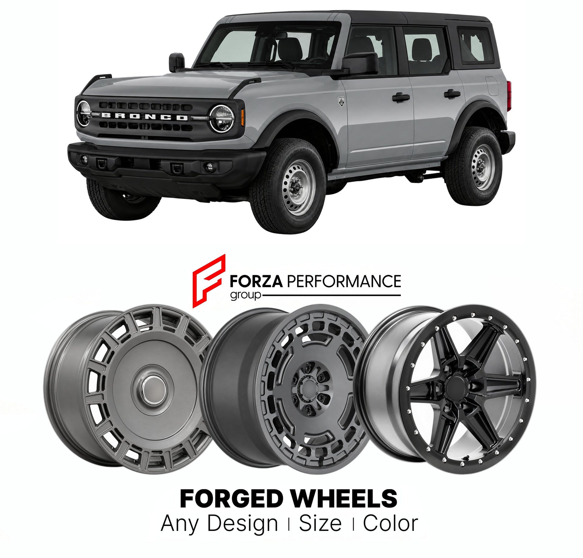 FORGED WHEELS RIMS for FORD BRONCO BIG BEND 2021+

Custom forged wheels for Ford Bronco Big Bend 2021+. Made-to-order monoblock, 2-piece and 3-piece rims in custom sizes, offsets, colors and finishes with guaranteed fitment.

We manufacture premium quality forged wheels rims for Ford Bronco Big Bend 2021+ in any design, size, color.

THIS WHEEL DESIGN CAN BE CUSTOM-MADE FOR YOUR CAR IN ANY SIZE AND COLOR OPTIONS
Available in monoblock, 2-piece, 3-piece, duoblock, beadlock
3D wheel renderings are provided ac