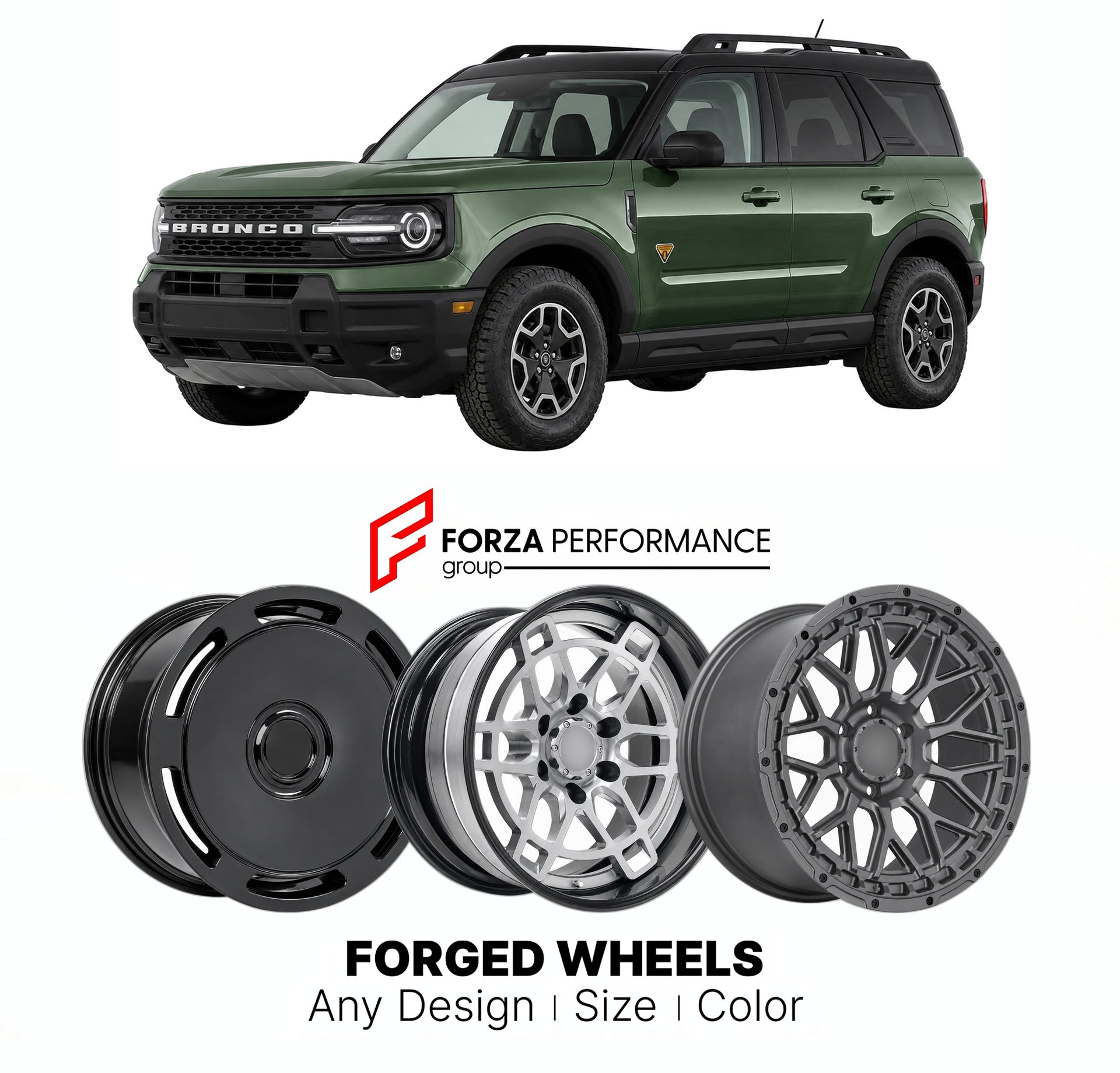 FORGED WHEELS RIMS for FORD BRONCO SPORT BADLANDS 2021+

Custom forged wheels for Ford Bronco Sport Badlands 2021+. Made-to-order monoblock, 2-piece and 3-piece rims in custom sizes, offsets, colors and finishes with guaranteed fitment.

We manufacture premium quality forged wheels rims for Ford Bronco Sport Badlands 2021+ in any design, size, color.

THIS WHEEL DESIGN CAN BE CUSTOM-MADE FOR YOUR CAR IN ANY SIZE AND COLOR OPTIONS
Available in monoblock, 2-piece, 3-piece, duoblock, beadlock
3D wheel renderin