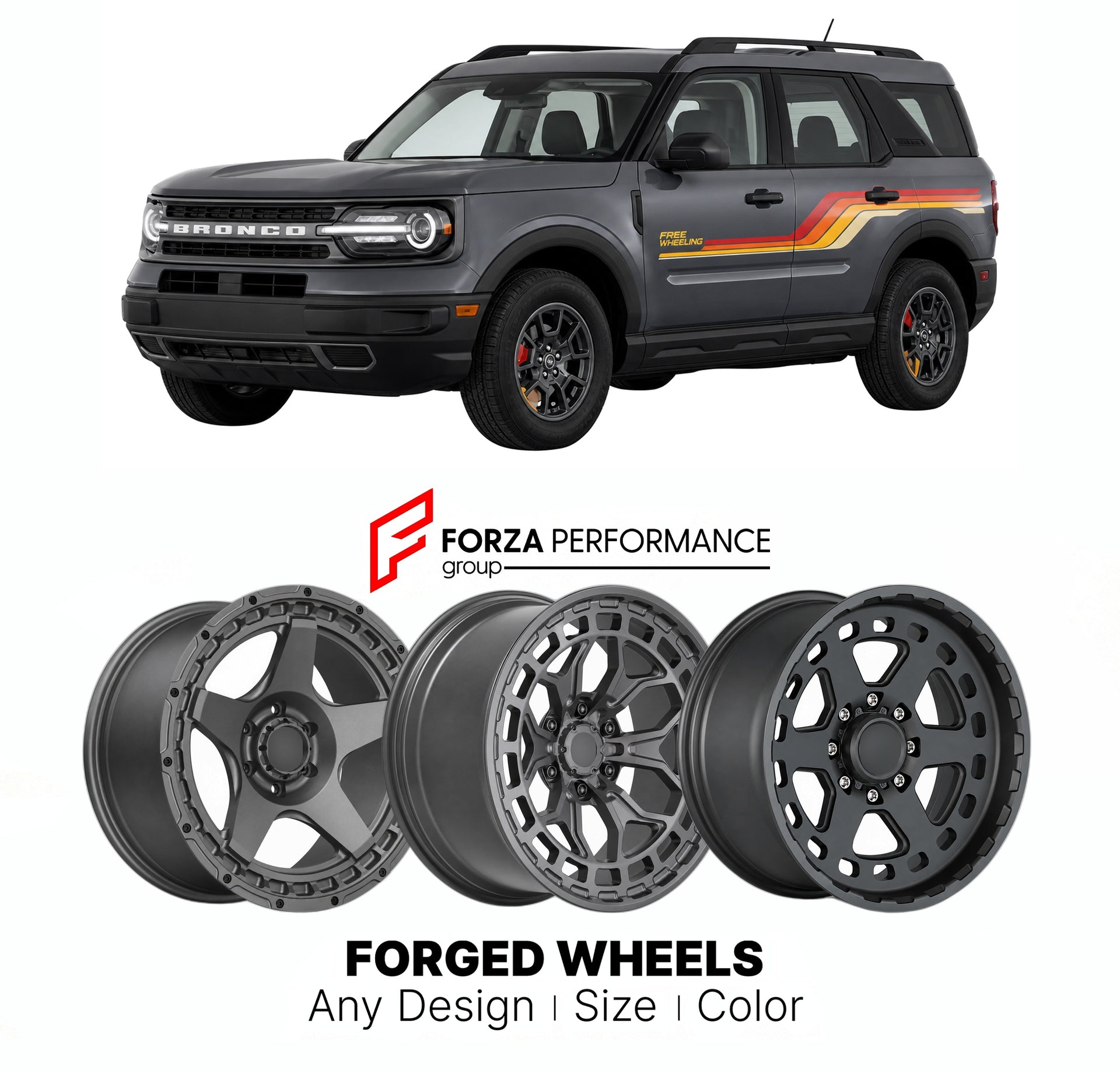 FORGED WHEELS RIMS for FORD BRONCO SPORT FREE WHEELING 2021+

Custom forged wheels for Ford Bronco Sport Free Wheeling 2021+. Made-to-order monoblock, 2-piece and 3-piece rims in custom sizes, offsets, colors and finishes with guaranteed fitment.

We manufacture premium quality forged wheels rims for Ford Bronco Sport Free Wheeling 2021+ in any design, size, color.

THIS WHEEL DESIGN CAN BE CUSTOM-MADE FOR YOUR CAR IN ANY SIZE AND COLOR OPTIONS
Available in monoblock, 2-piece, 3-piece, duoblock, beadlock
3D