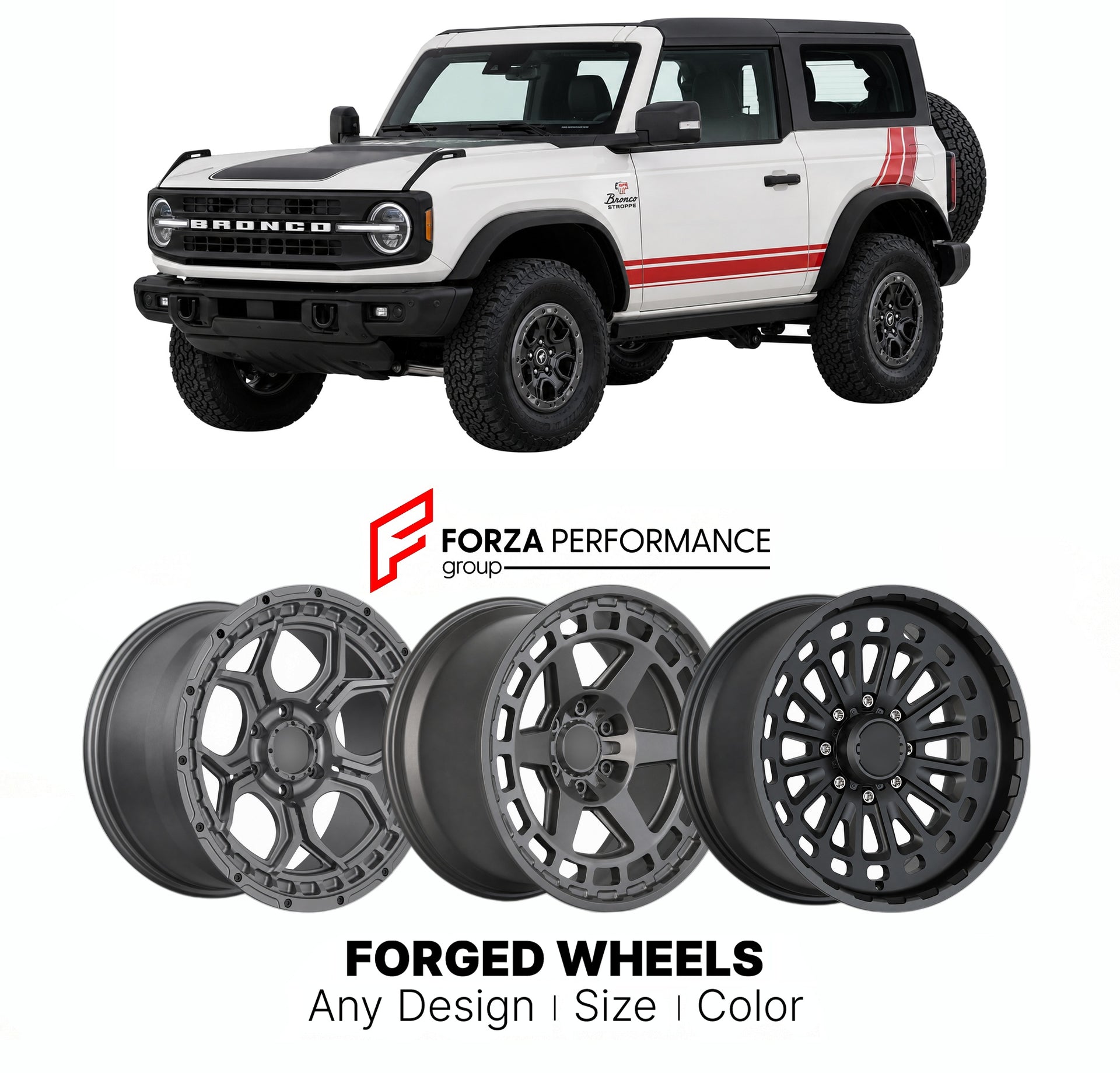 FORGED WHEELS RIMS for FORD BRONCO STROPPE EDITION 2021+

Custom forged wheels for Ford Bronco Stroppe Edition 2021+. Made-to-order monoblock, 2-piece and 3-piece rims in custom sizes, offsets, colors and finishes with guaranteed fitment.

We manufacture premium quality forged wheels rims for Ford Bronco Stroppe Edition 2021+ in any design, size, color.

THIS WHEEL DESIGN CAN BE CUSTOM-MADE FOR YOUR CAR IN ANY SIZE AND COLOR OPTIONS
Available in monoblock, 2-piece, 3-piece, duoblock, beadlock
3D wheel rende
