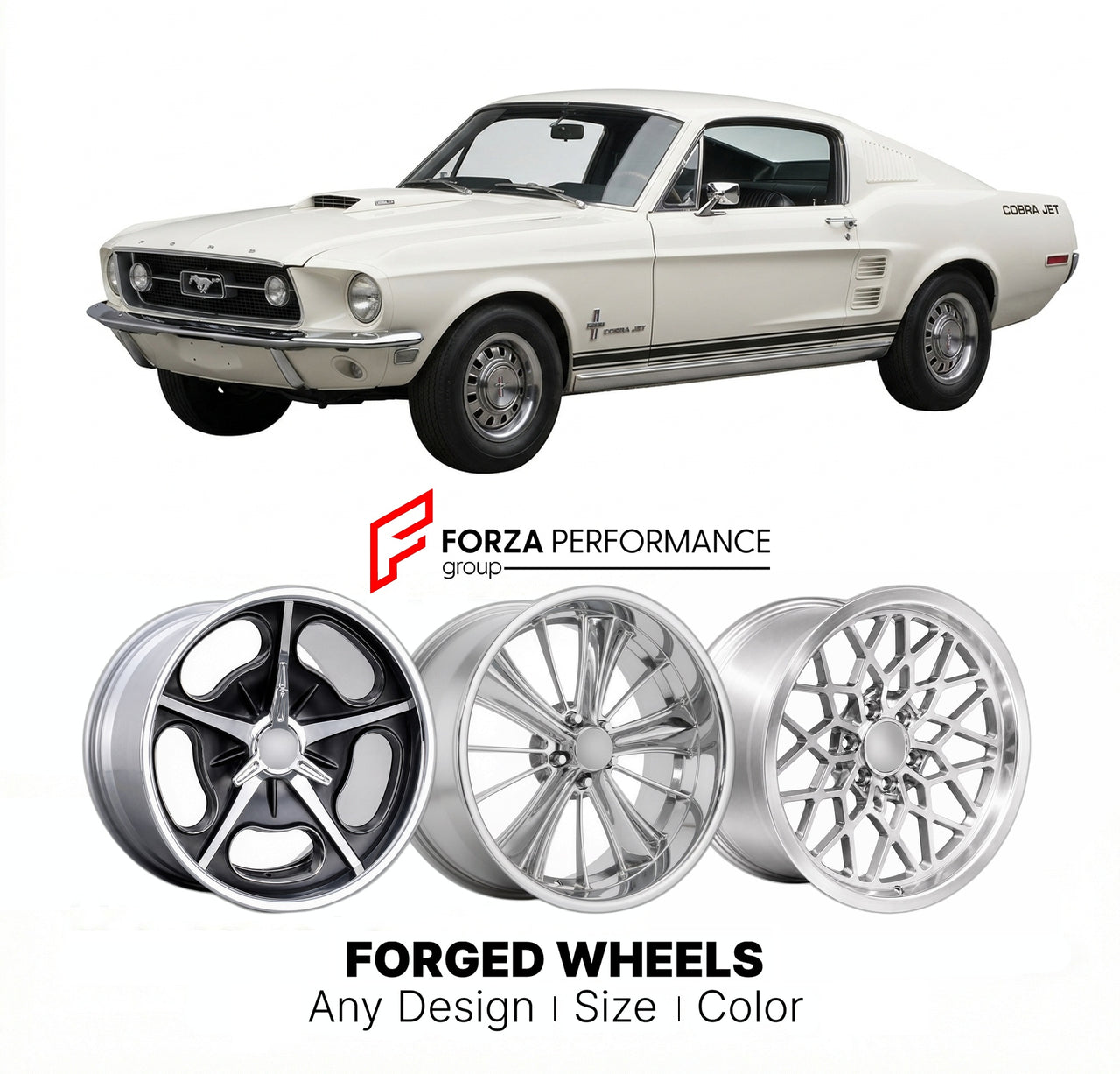 CUSTOM CLASSIC VINTAGE RESTOMOD RETRO OLD SCHOOL FORGED WHEELS RIMS for FORD COBRA JET 1968 - 1969
Custom forged wheels for classic American muscle cars. Ideal for restomod builds, vintage restorations, and show cars. Deep dish and retro styling available.

We manufacture premium quality forged wheels rims for Ford Cobra Jet 1968 - 1969 in any design, size, color.

THIS WHEEL DESIGN CAN BE CUSTOM-MADE FOR YOUR CAR IN ANY SIZE AND COLOR OPTIONS
Available in monoblock, 2-piece, 3-piece, duoblock, beadlock
3D 