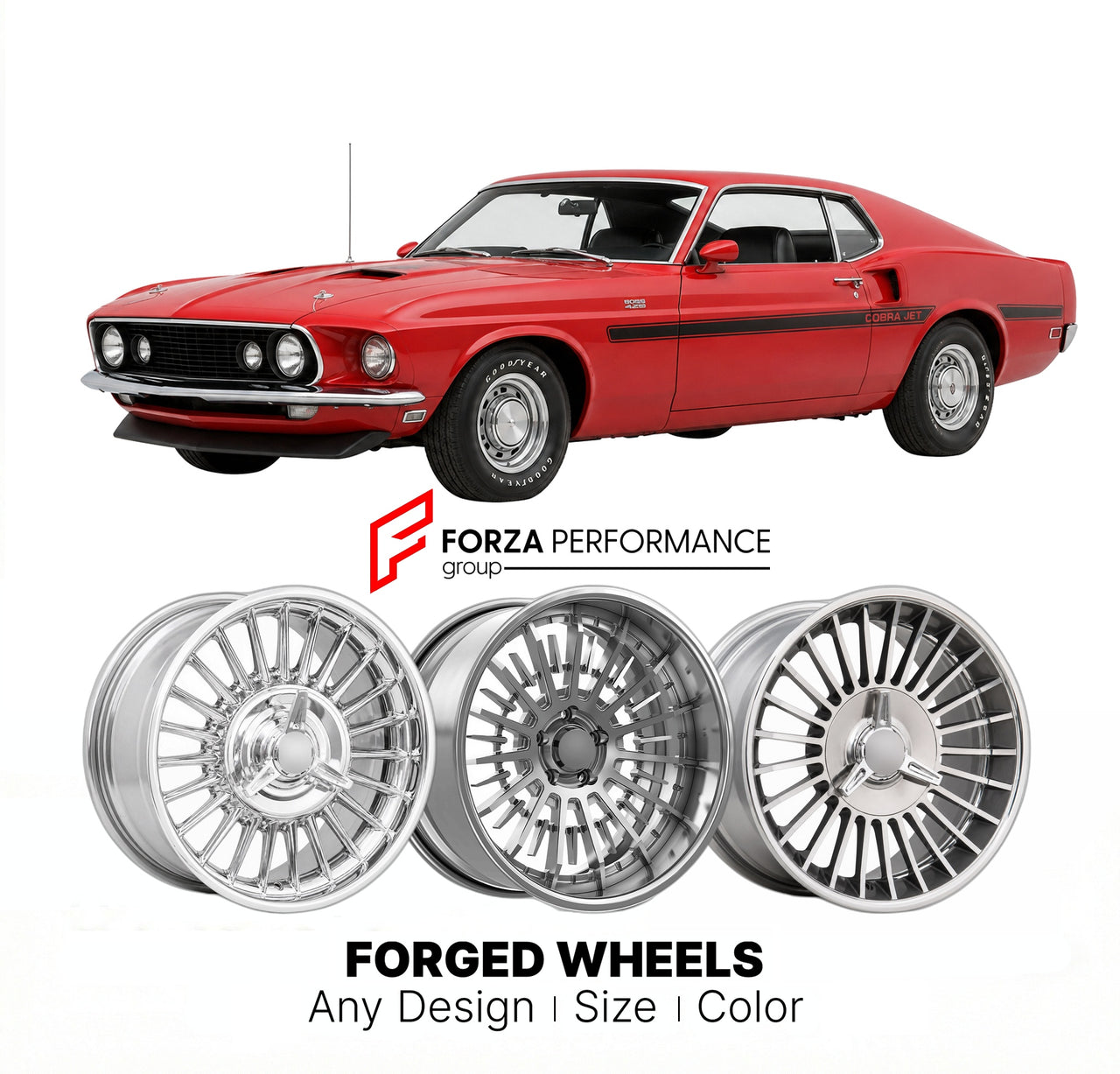 CUSTOM CLASSIC VINTAGE RESTOMOD RETRO OLD SCHOOL FORGED WHEELS RIMS for FORD COBRA JET 1970 - 1970
Custom forged wheels for classic American muscle cars. Ideal for restomod builds, vintage restorations, and show cars. Deep dish and retro styling available.

We manufacture premium quality forged wheels rims for Ford Cobra Jet 1970 - 1970 in any design, size, color.

THIS WHEEL DESIGN CAN BE CUSTOM-MADE FOR YOUR CAR IN ANY SIZE AND COLOR OPTIONS
Available in monoblock, 2-piece, 3-piece, duoblock, beadlock
3D 